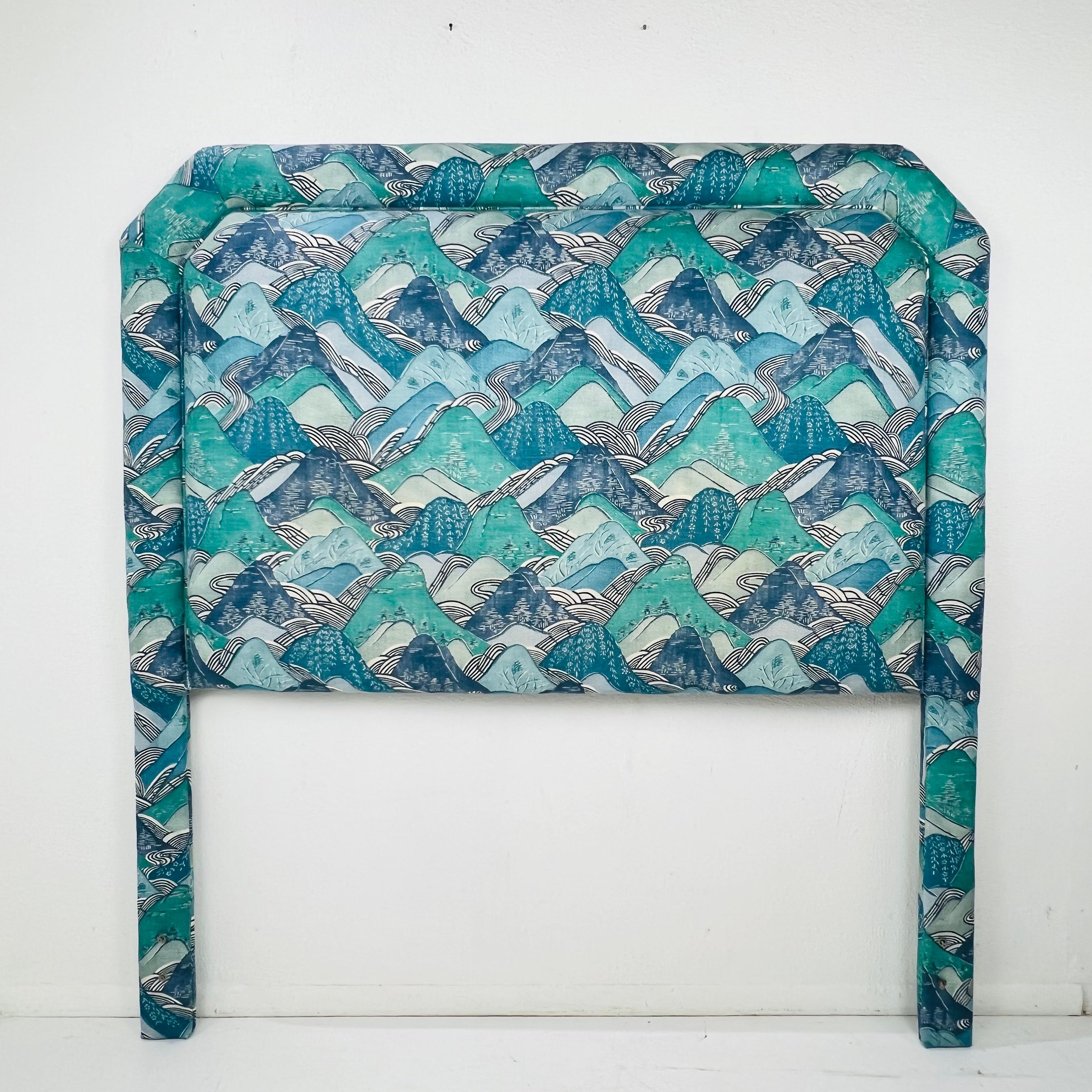 Queen Headboard Upholstered in Teal/Blue Kelly Wearstler Fabric For Sale 3