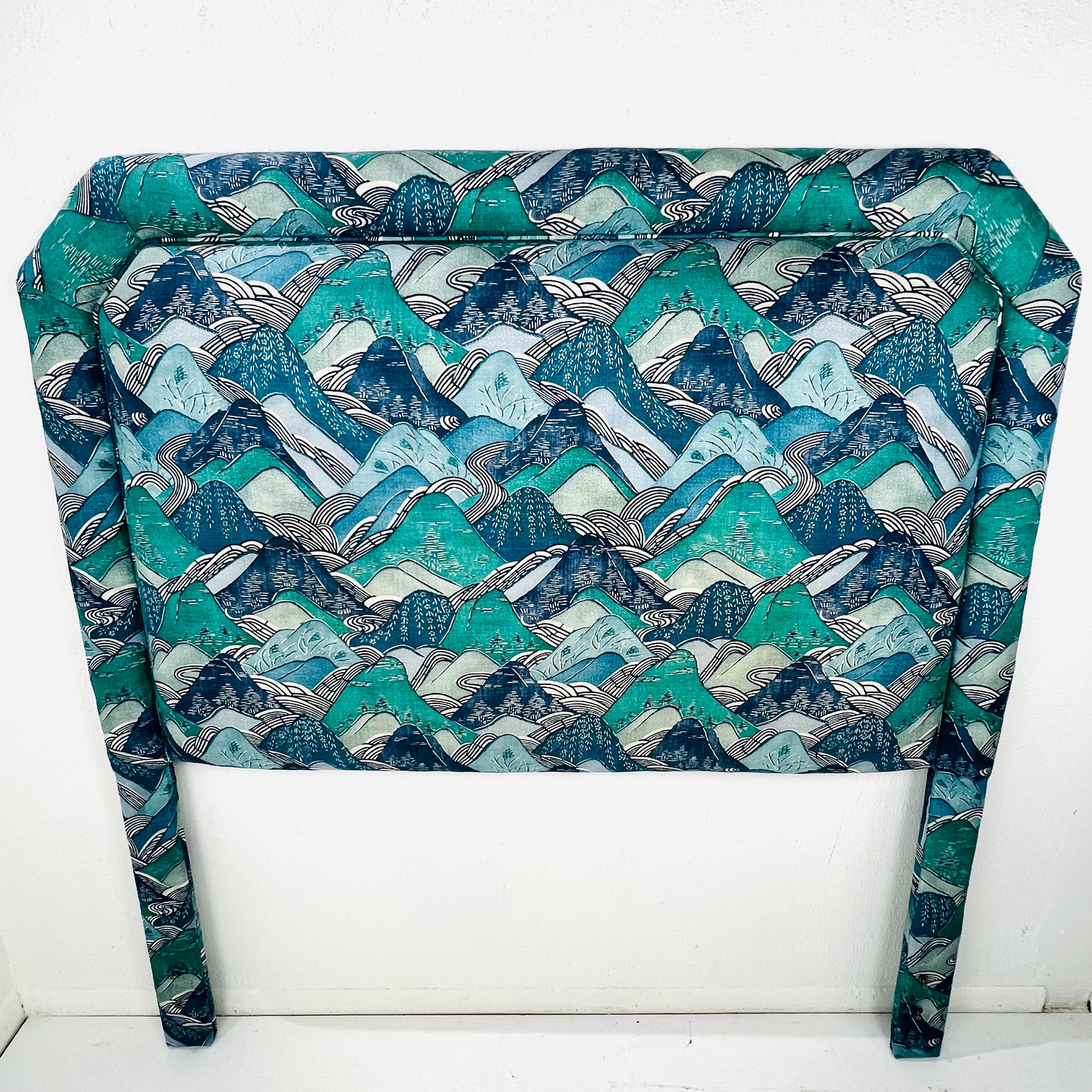Queen Headboard Upholstered in Teal/Blue Kelly Wearstler Fabric In Good Condition For Sale In Dallas, TX