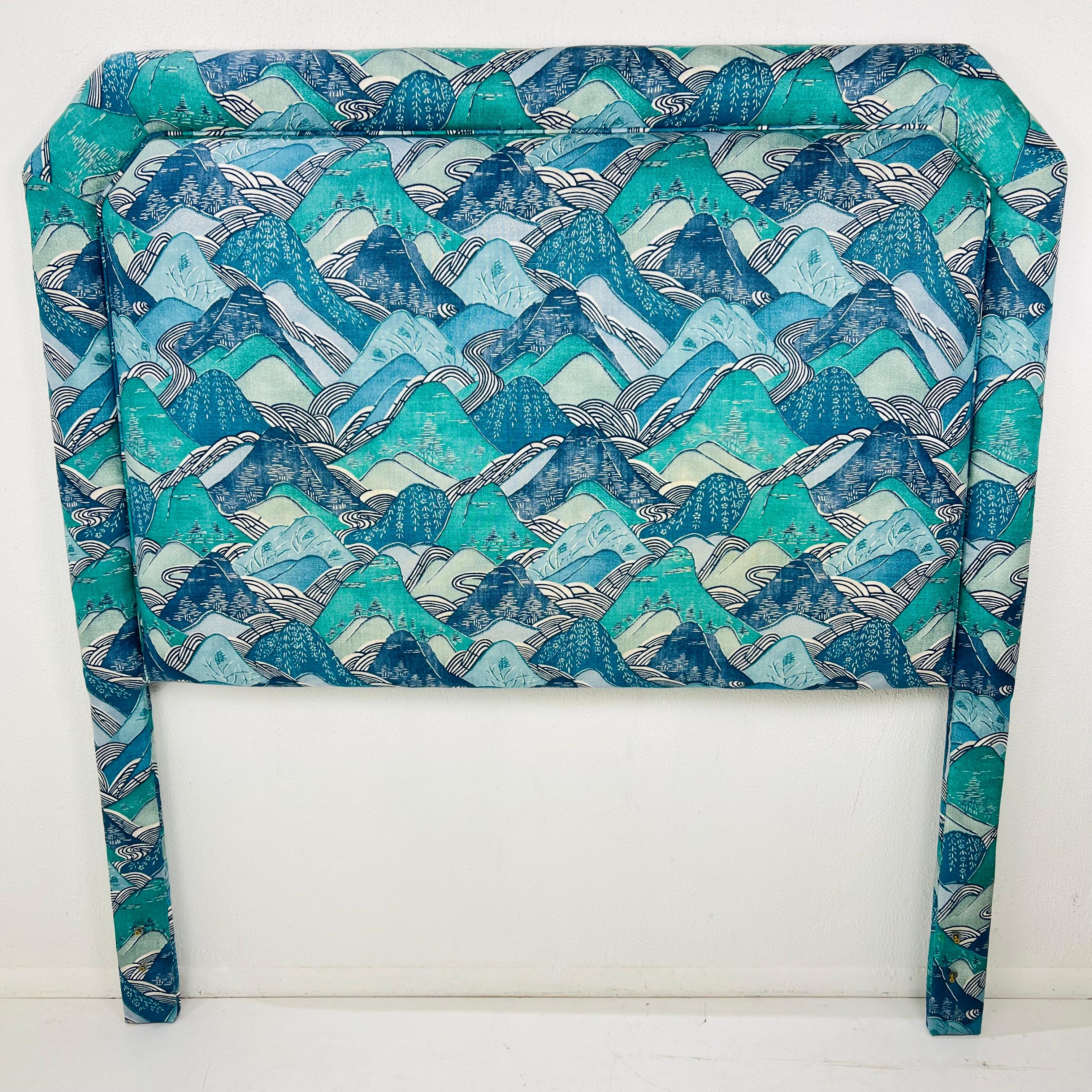 Contemporary Queen Headboard Upholstered in Teal/Blue Kelly Wearstler Fabric For Sale