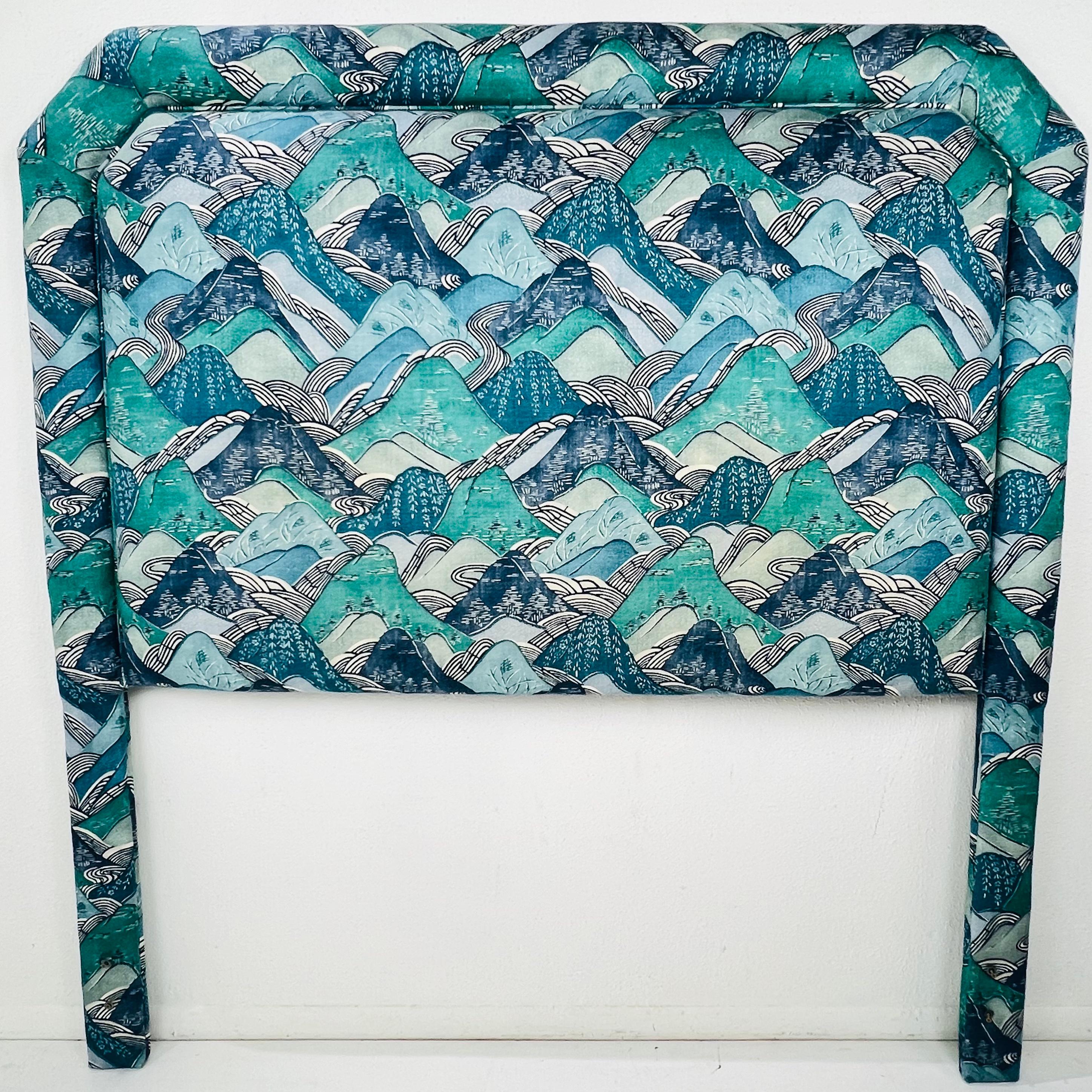 Queen Headboard Upholstered in Teal/Blue Kelly Wearstler Fabric For Sale 1