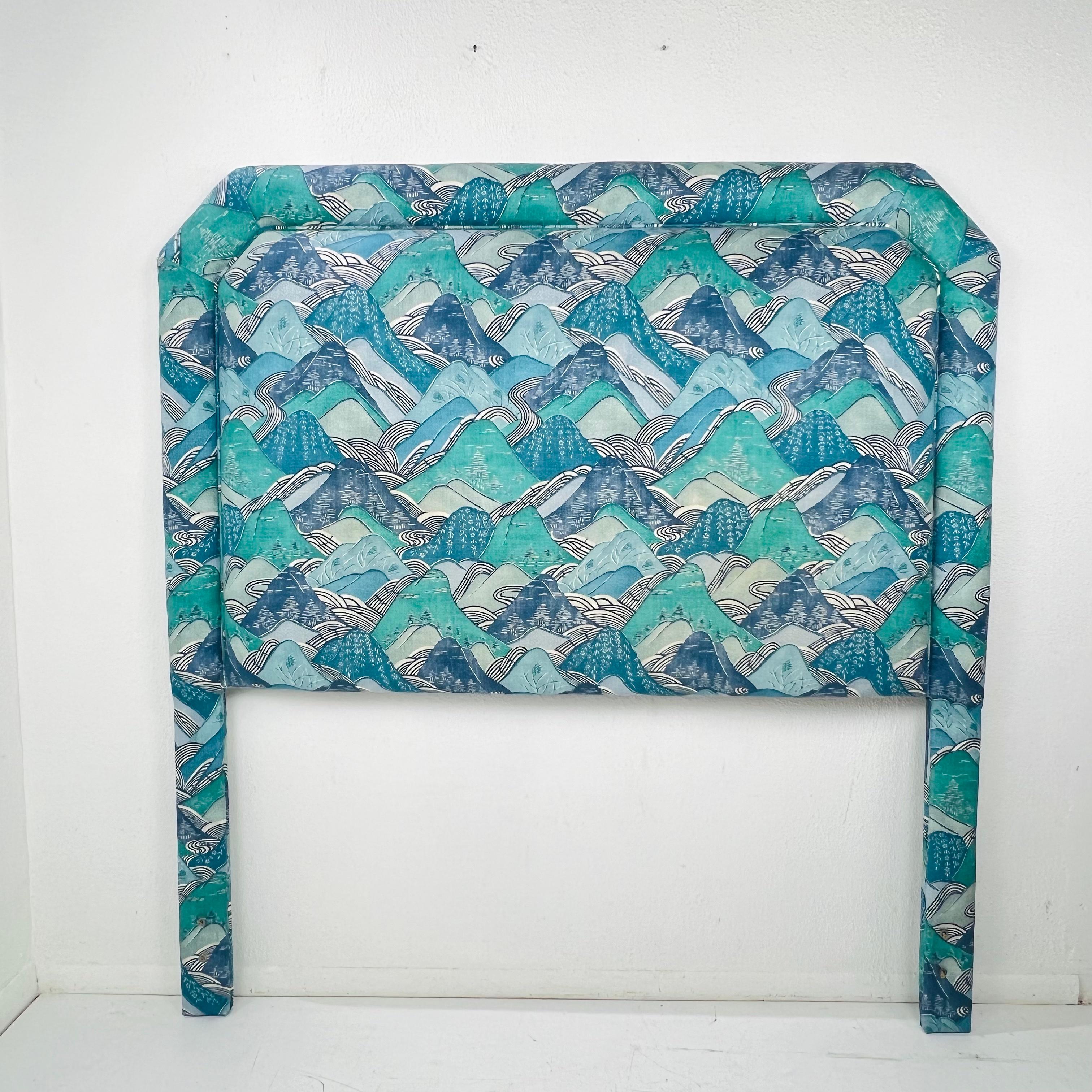 Queen Headboard Upholstered in Teal/Blue Kelly Wearstler Fabric For Sale 2
