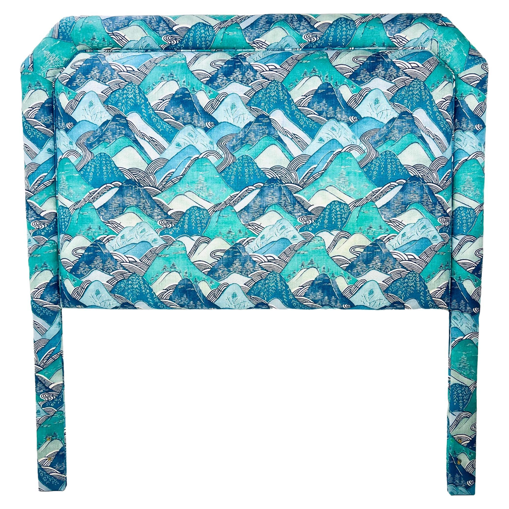 Queen Headboard Upholstered in Teal/Blue Kelly Wearstler Fabric For Sale