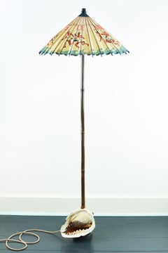 'Queen Helmet Conch Shell' Bamboo Floor Lamp with Vintage French Parasol Shade