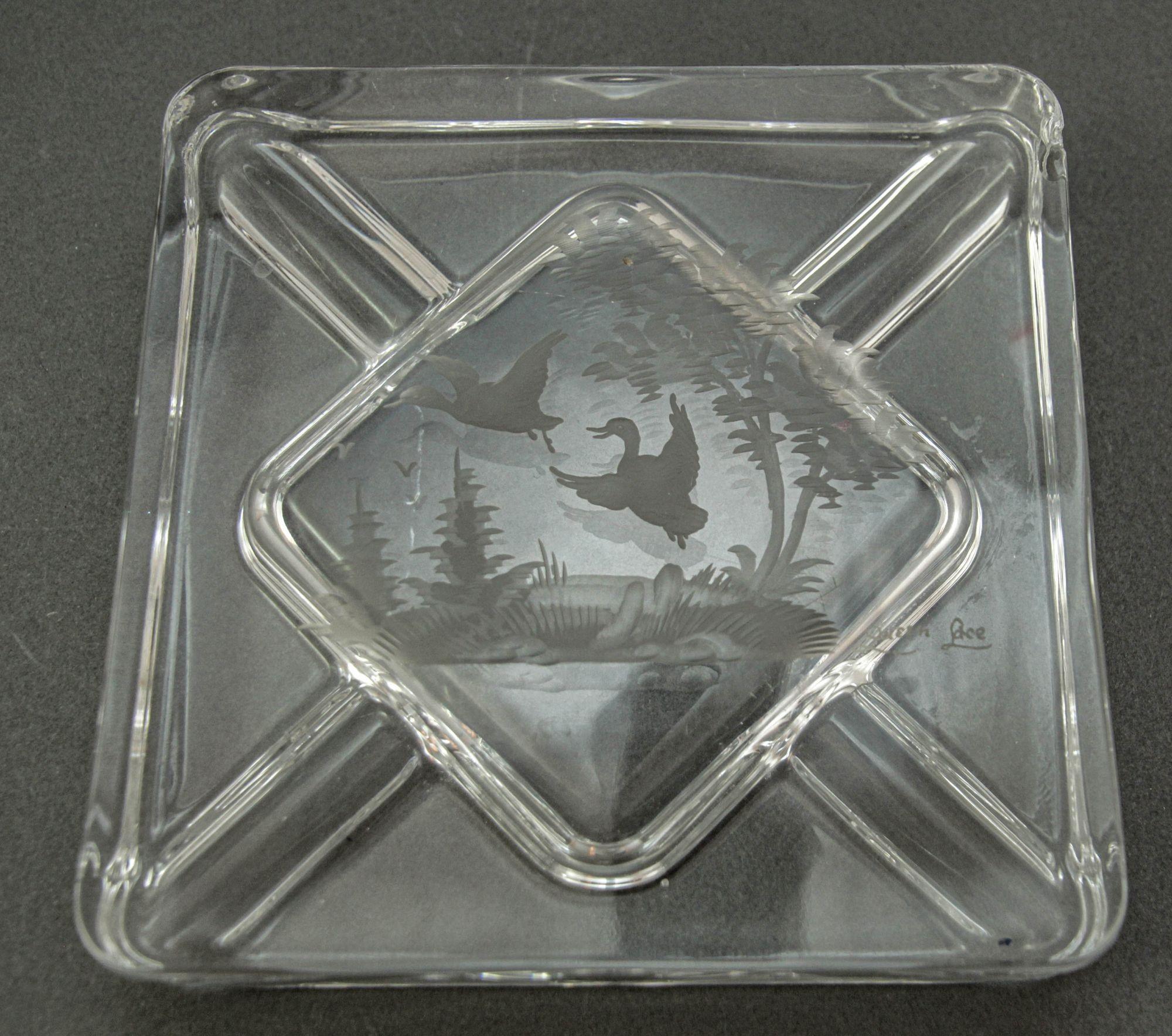 Queen Lace Vintage Clear Crystal Ashtray Trinket Dish France Cut Glass Square Catchall.
Vintage ashtray etched with two flying wild geese clear glass ashtray signed Queen Lace.
Large thick clear glass square cigar ashtray with beautiful detailed