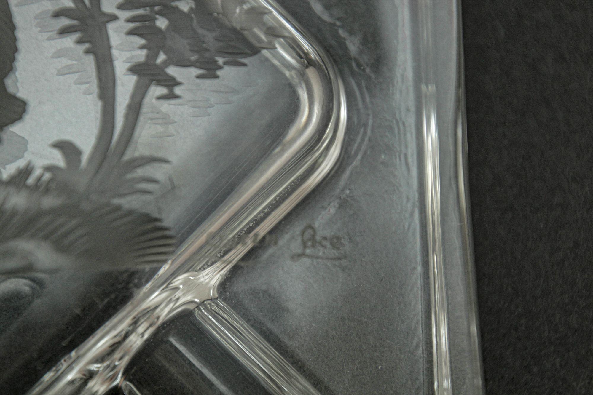 German Queen Lace Crystal Glass Ashtray Dish Catchall Etched with Flying Geese 1970 For Sale