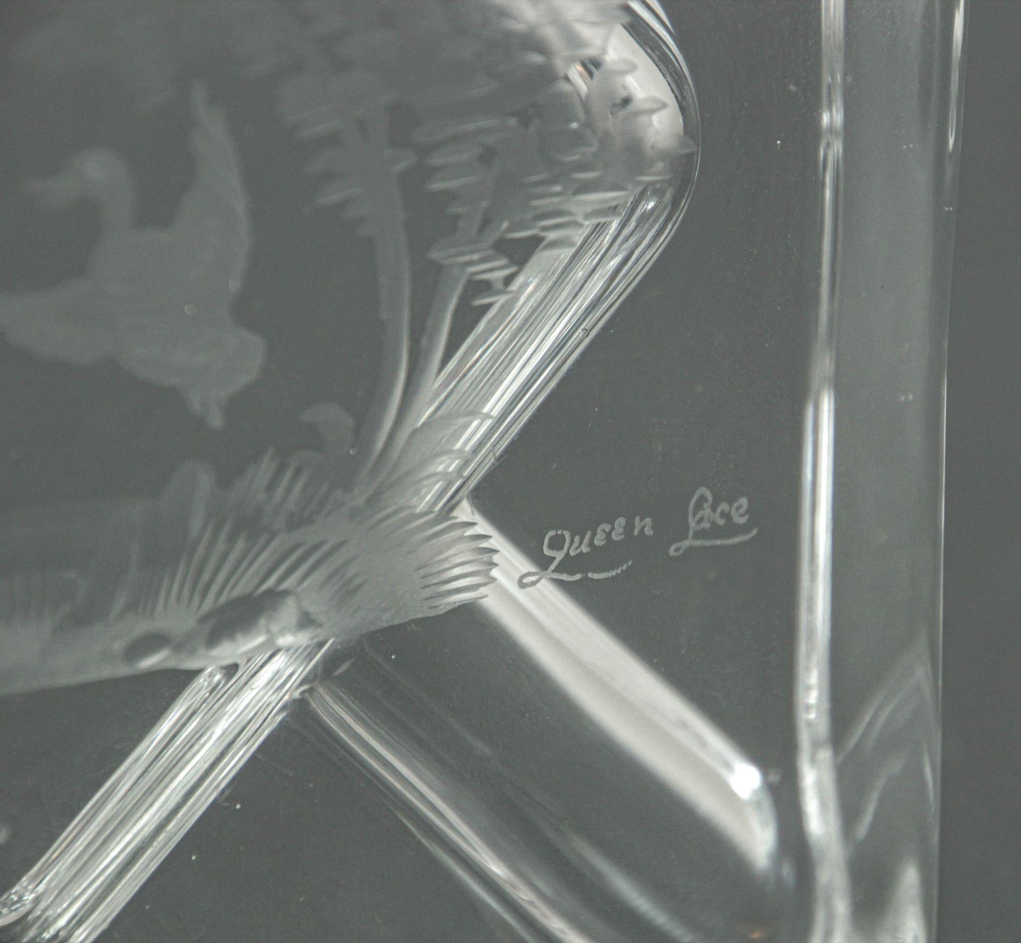 Queen Lace Crystal Glass Ashtray Dish Catchall Etched with Flying Geese 1970 For Sale 1