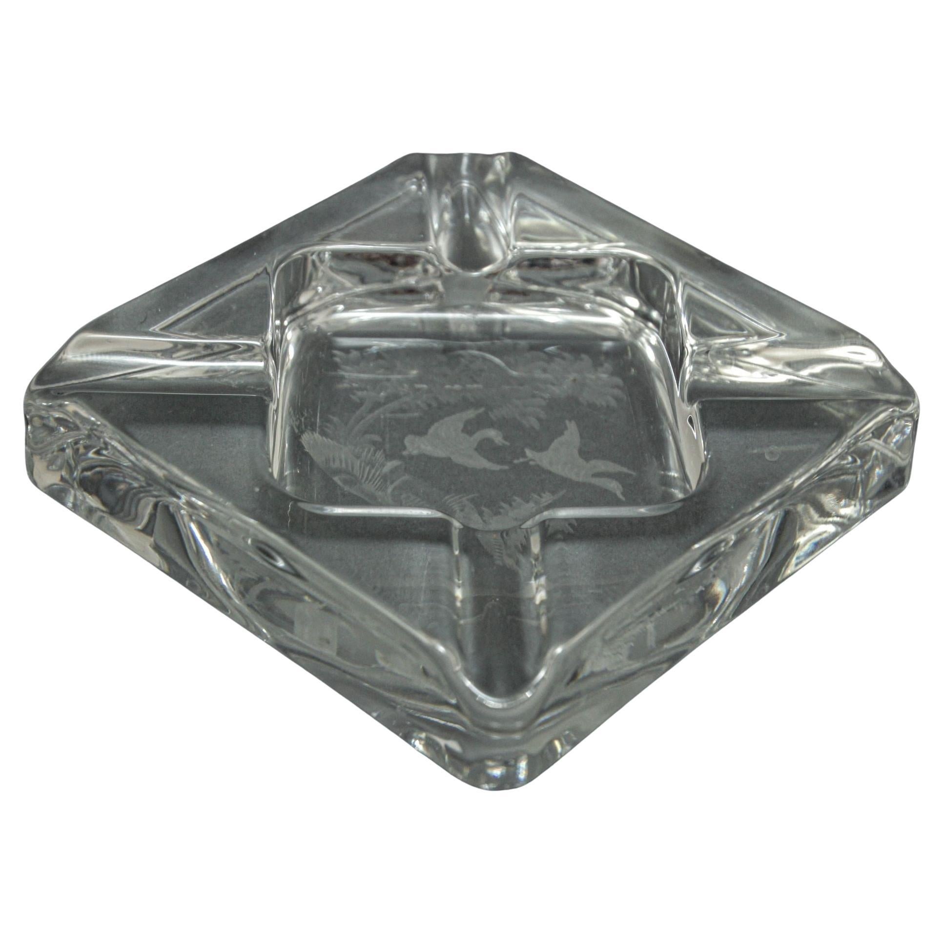 Queen Lace Crystal Glass Ashtray Dish Catchall Etched with Flying Geese 1970 For Sale
