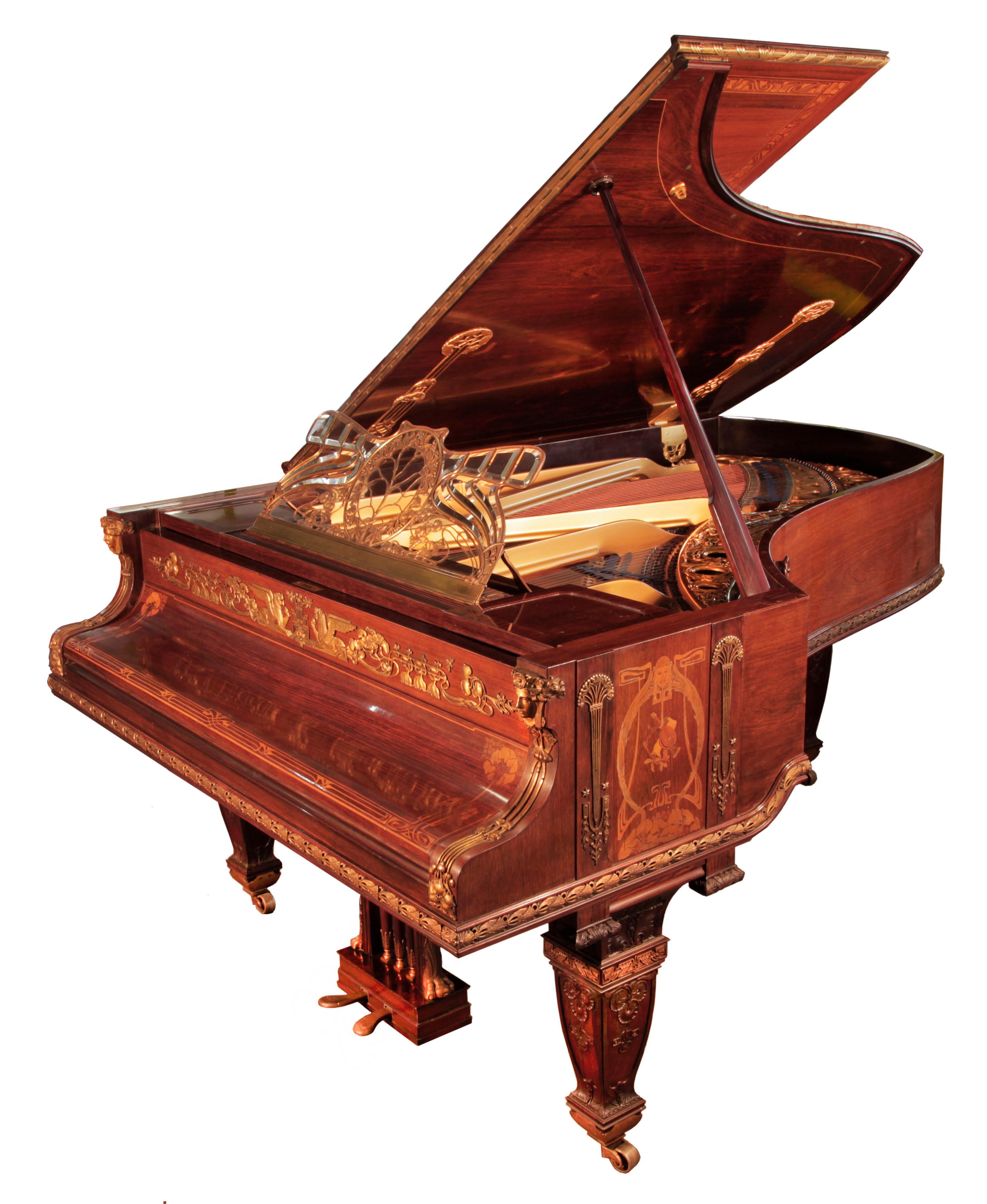 An 1899, Bluthner grand piano with a rosewood case, decorated with Art Nouveau and Empire style elements. It was showcased at the 1900 Paris Exposition Universelle. Piano bought by King Edward VII and Queen Alexandra in the Coronation year of 1902