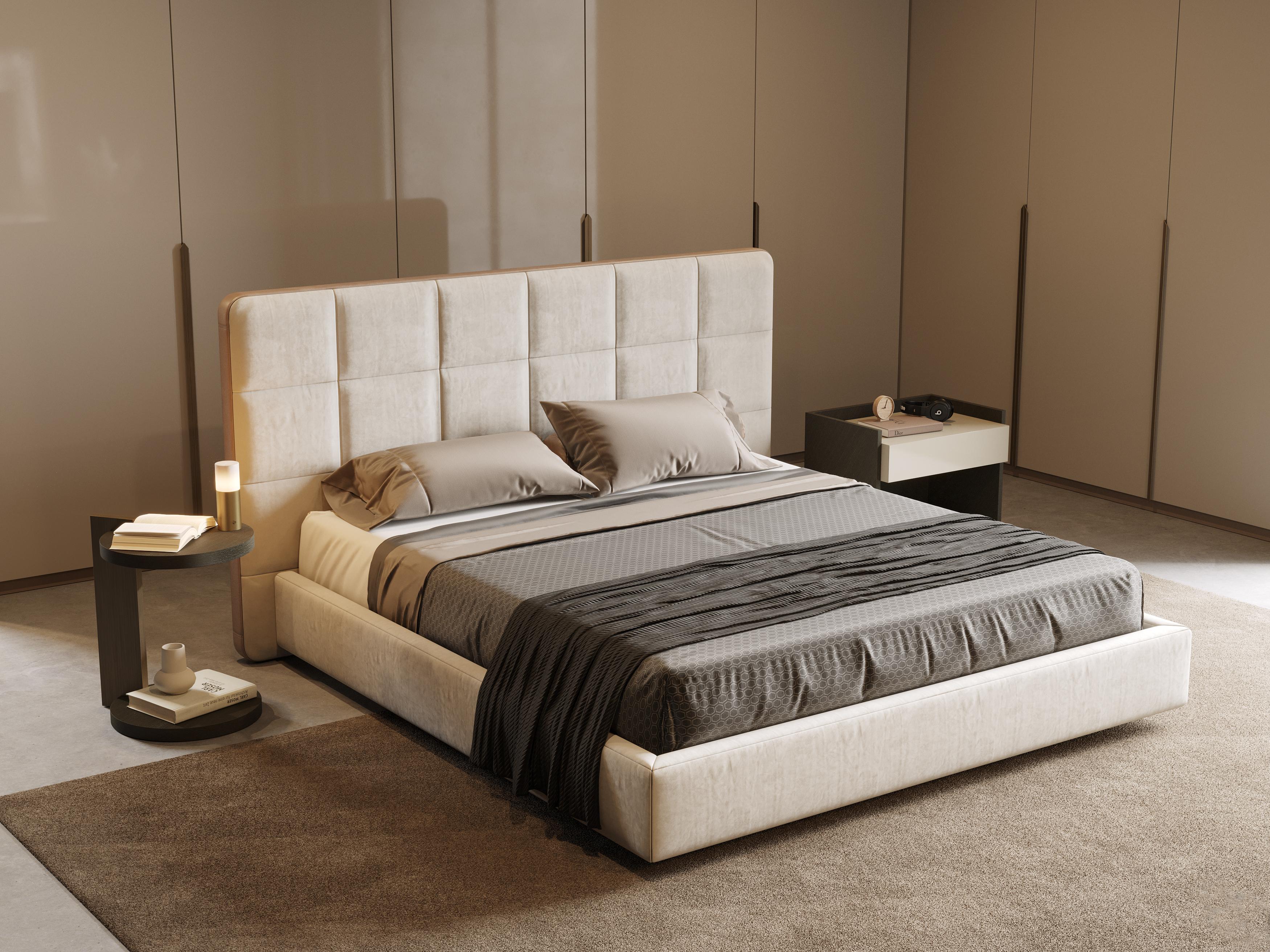 Leather Queen Modern Madrid Bed made with velvet and leather, Handmade by Stylish Club For Sale