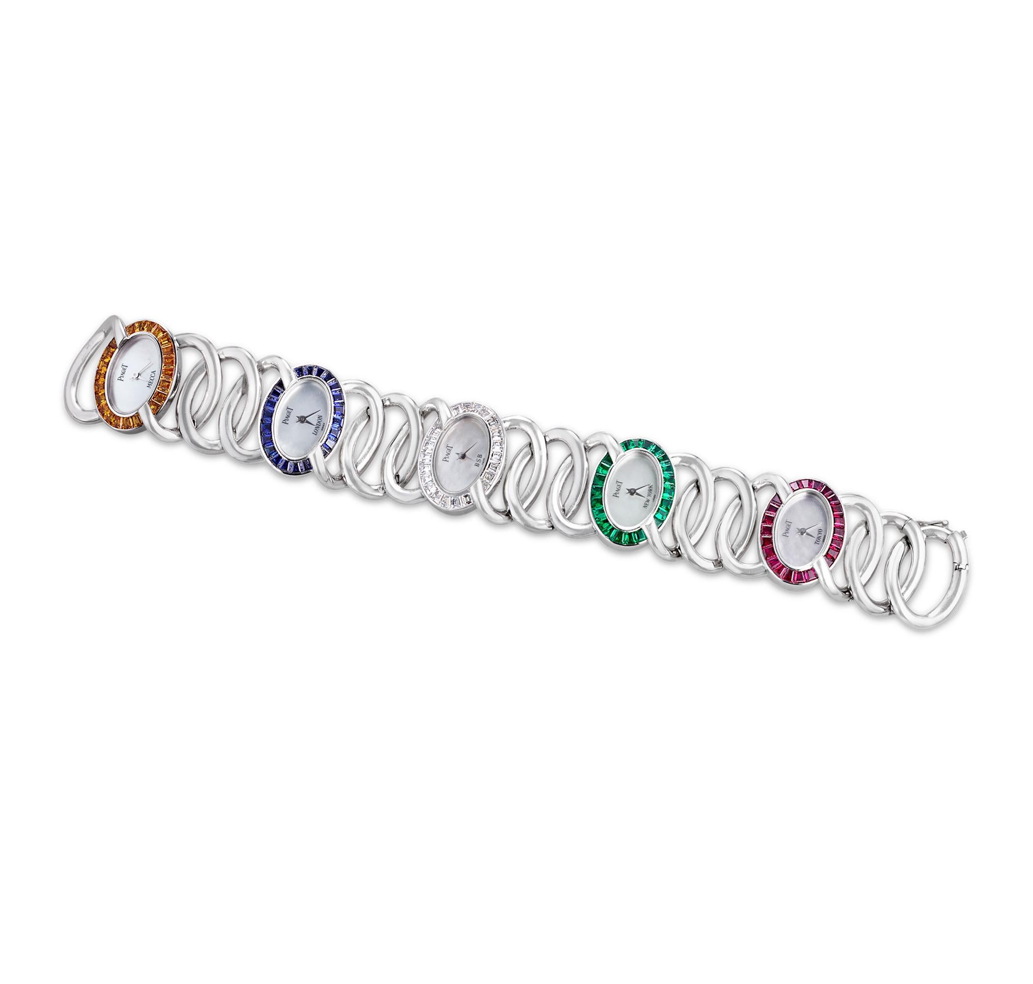 Commissioned for Queen Saleha of Brunei, this glamorous watch from the renowned horologist Piaget elegantly combines five time zones into one striking design fit for royalty. The refined 18K white gold bracelet features delicate interlinking loops