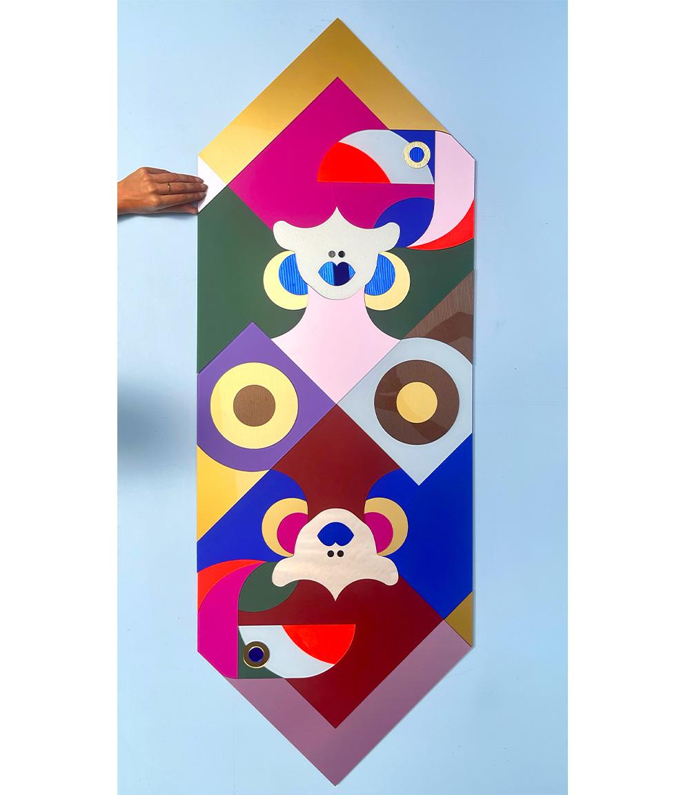 Queen of Diamonds is a 150cm tall colorful, diamond-shaped artwork, designed and created by Eveline Schram. The deep colored graphic shapes are made of a diverse array of plexiglass materials, including reflective colored mirror-, frost-, metallic-