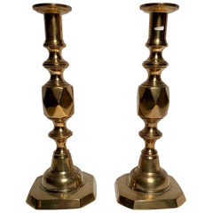 "Queen of Diamonds" Pair of Antique English Victorian Brass Candlesticks