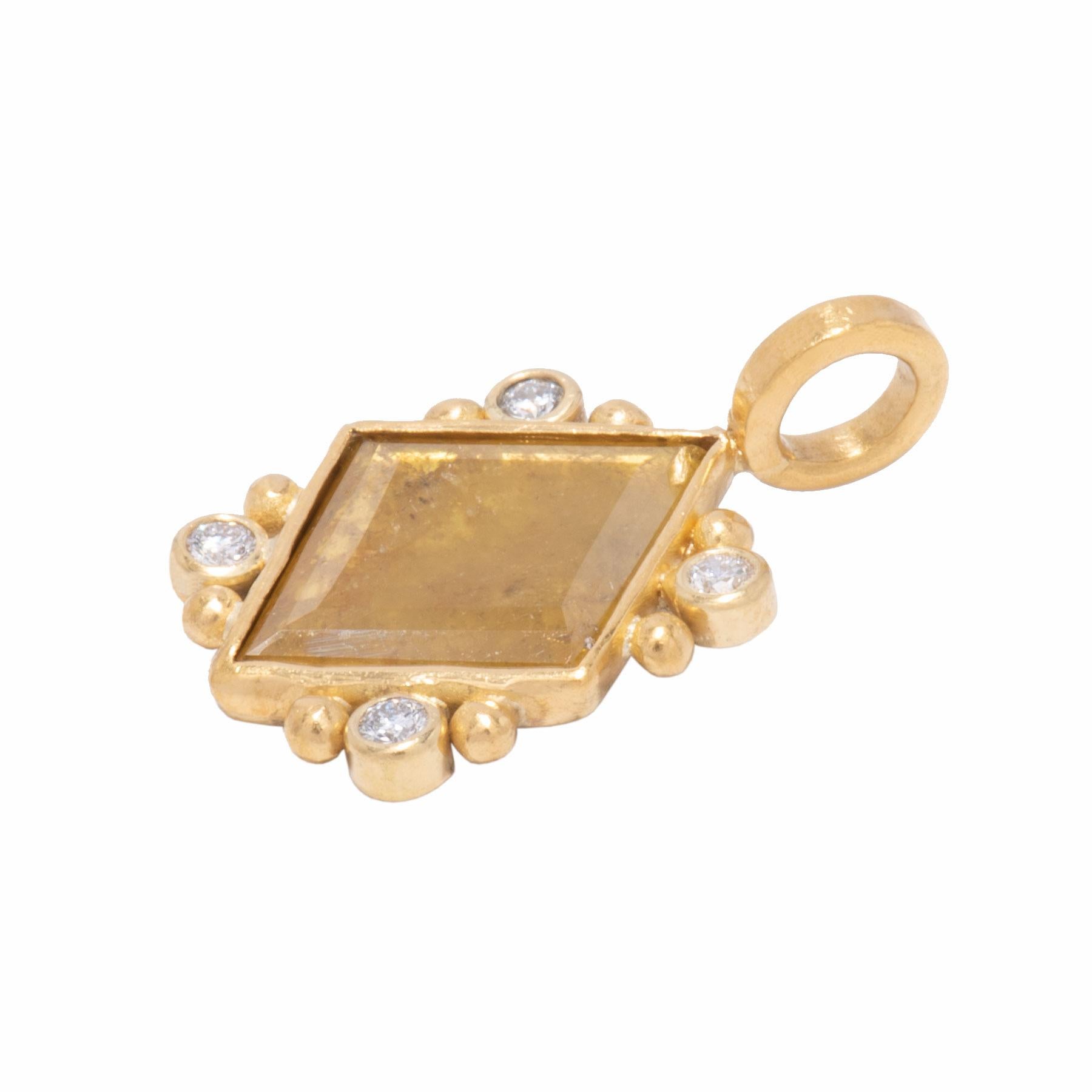 The Queen of Diamonds Pendant holds a 1.84 ct rose cut golden diamond in an 18 karat gold frame with our signature satin finish. Delicate, 22 karat gold beads snuggle .12 ctw diamond melee on 4 sides to enhance the play of light on rose cut facets.