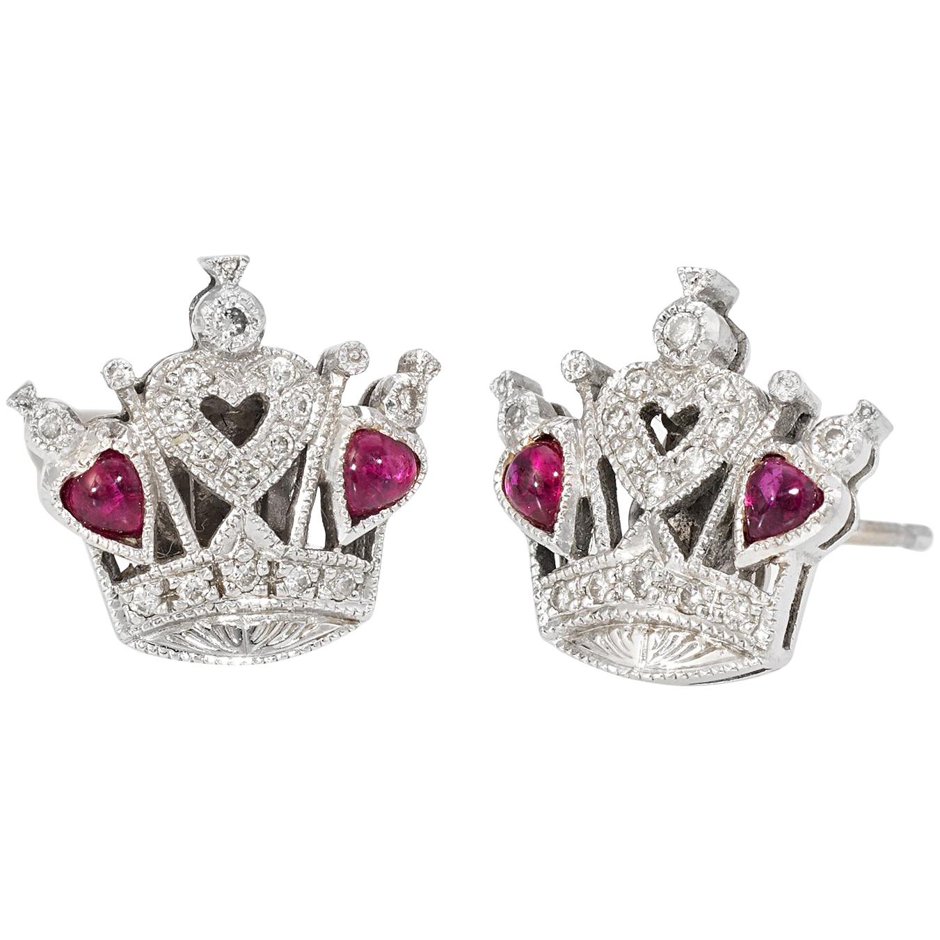 Queen of Hearts Diamond Ruby Stud Earrings Estate 18 Karat Gold Fine Vintage