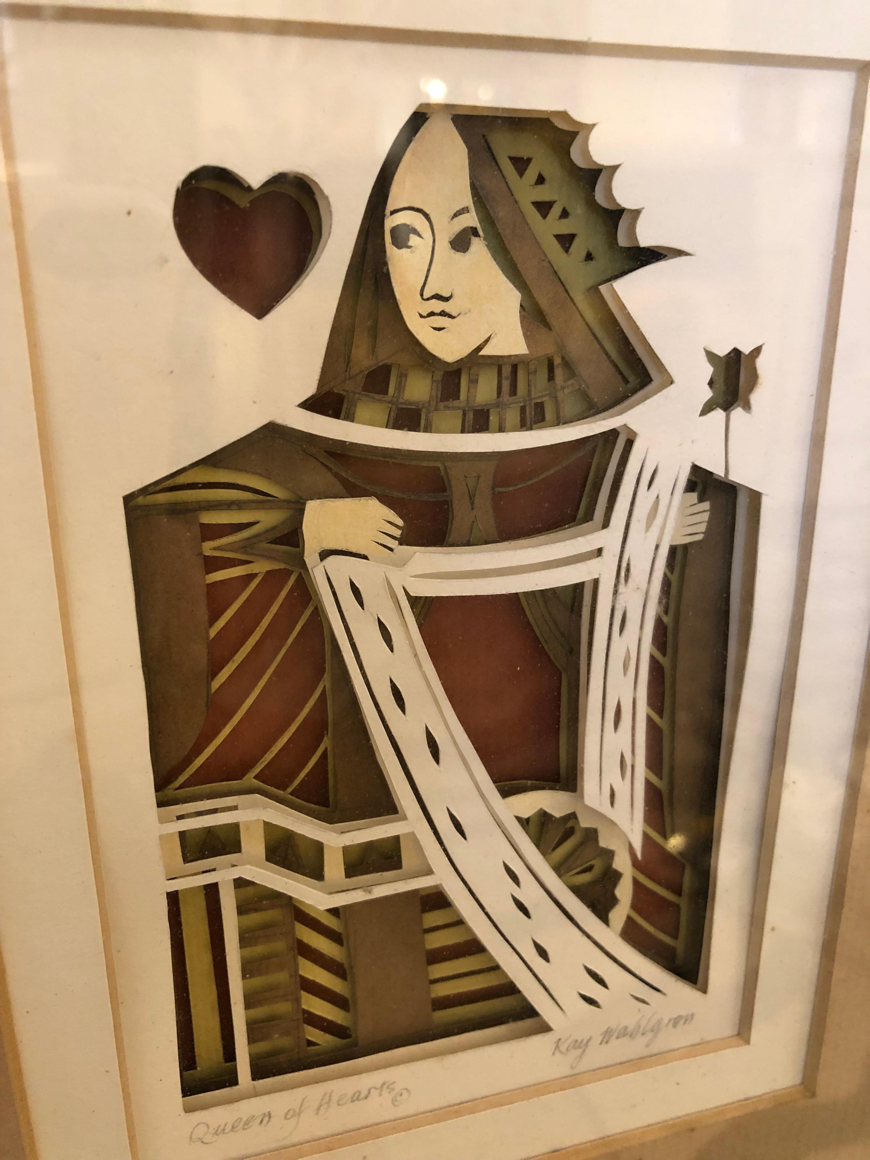 Beautiful meticulously constructed paper sculpture with layers of cut paper to give a 3 dimensional quality to the subject, the Queen of Hearts playing card.
Signed by the artist lower right.  