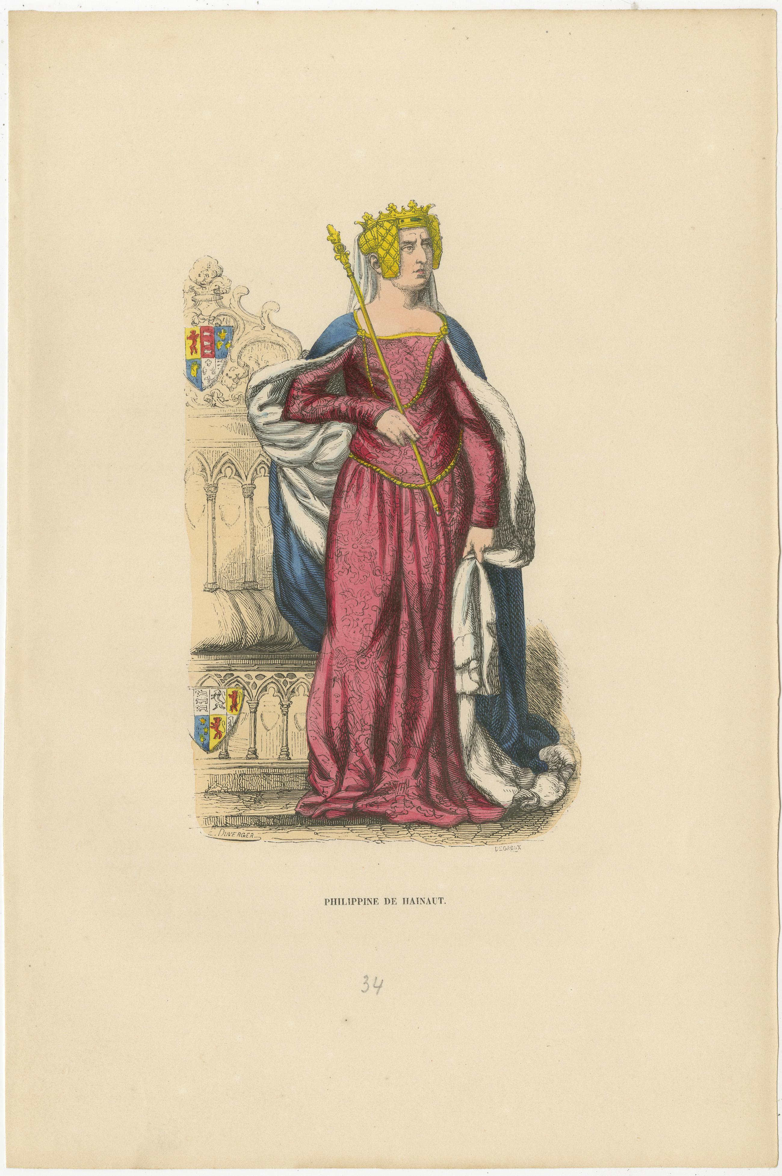 This is an original antique illustration of Philippa of Hainaut, who was Queen of England as the wife of King Edward III. Philippa was renowned for her piety, maternal nature, and diplomatic wisdom. Her depicted attire is typical of the 14th-century