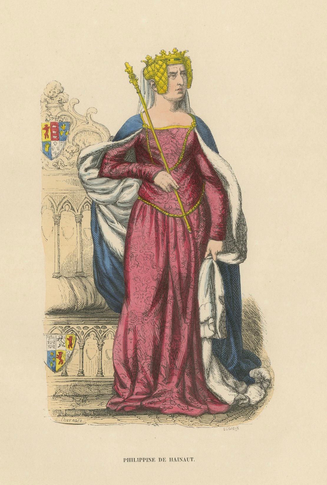 Queen Philippa of Hainaut in Ceremonial Attire, Costume Di Moyen Age, 1847 For Sale 1