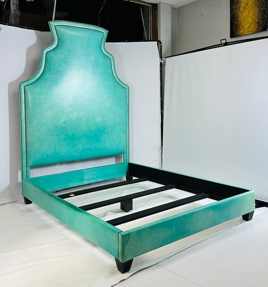 Queen Size Bed  Fully Upholstered in Leather In Fair Condition For Sale In Los Angeles, CA