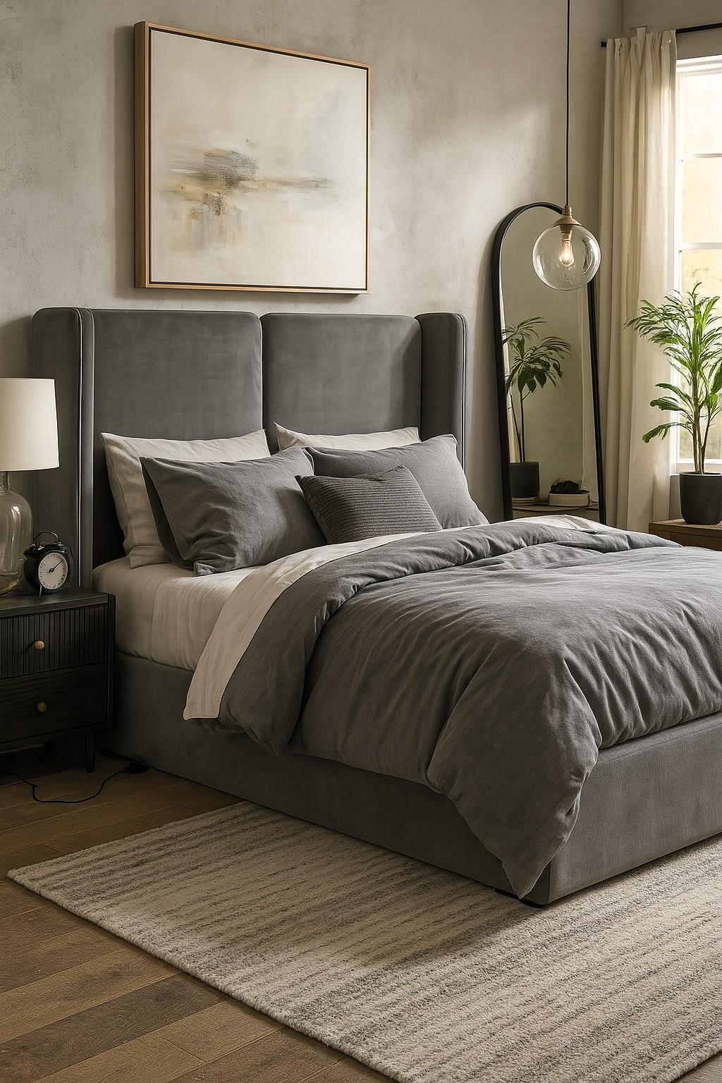 Américain Lit Queen Size avec cadre tapissé de velours et tête de lit en vente