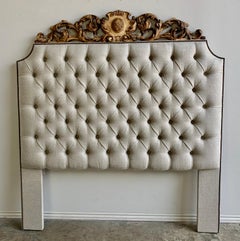 Queen Size Belgium Linen Headboard with 19th century Carving