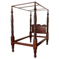  Antique Queen-Size Carved Four-Poster American Empire Bed, Philadelphia, c 1825