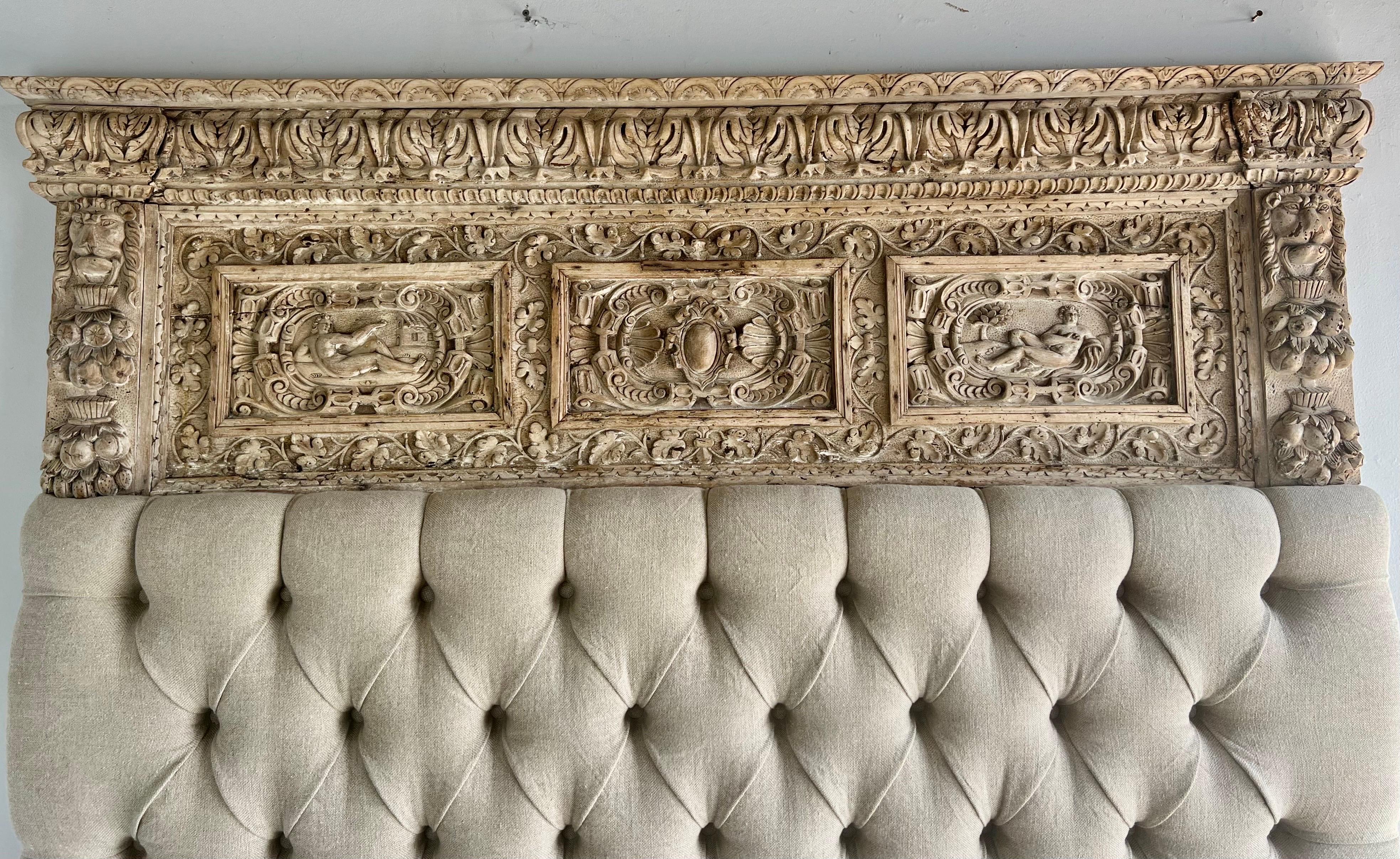 Queen Size Headboard w/ Antique Italian Carving  For Sale 4