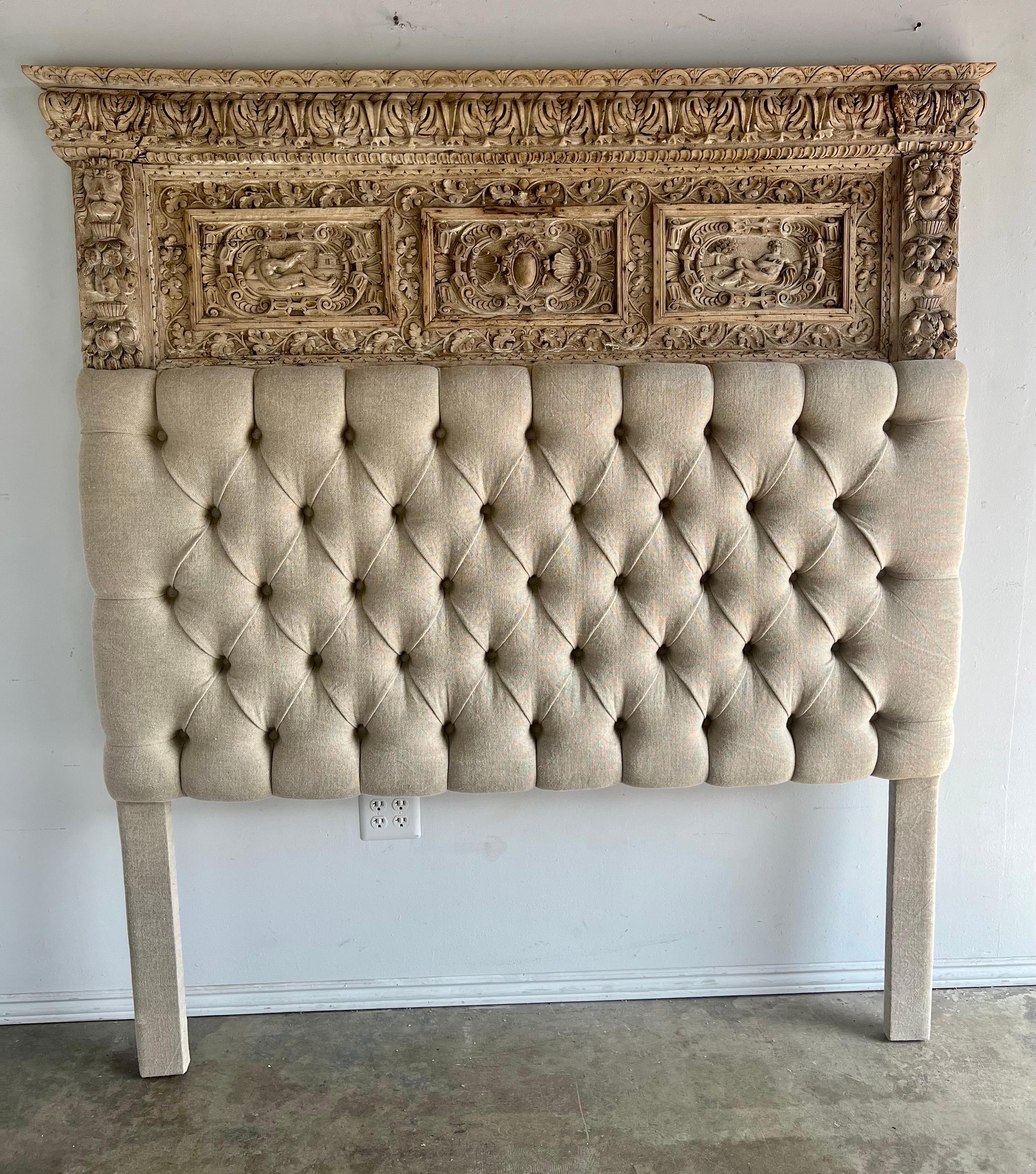 Queen Size Headboard w/ Antique Italian Carving  For Sale 7