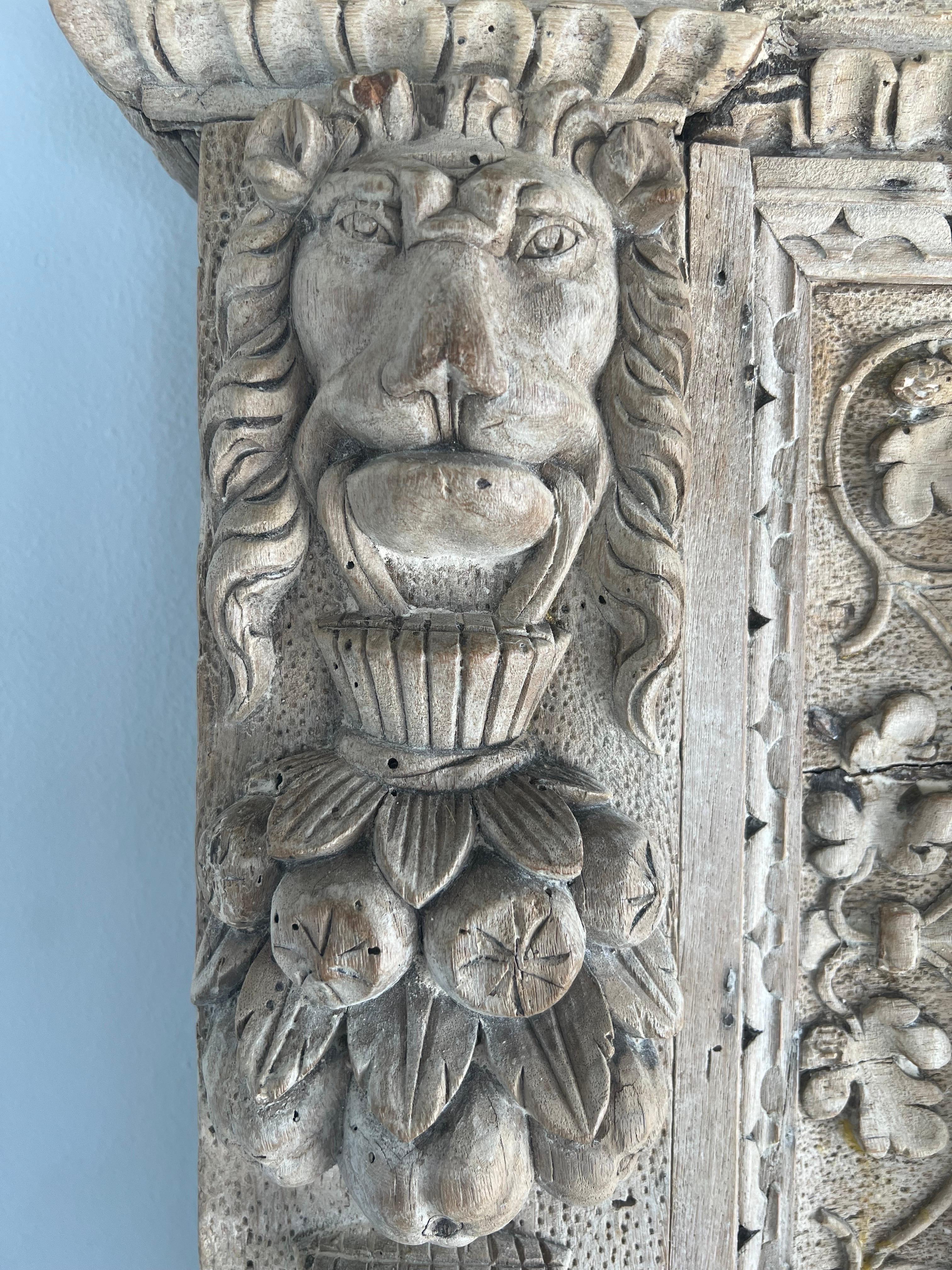 Linen Queen Size Headboard w/ Antique Italian Carving  For Sale