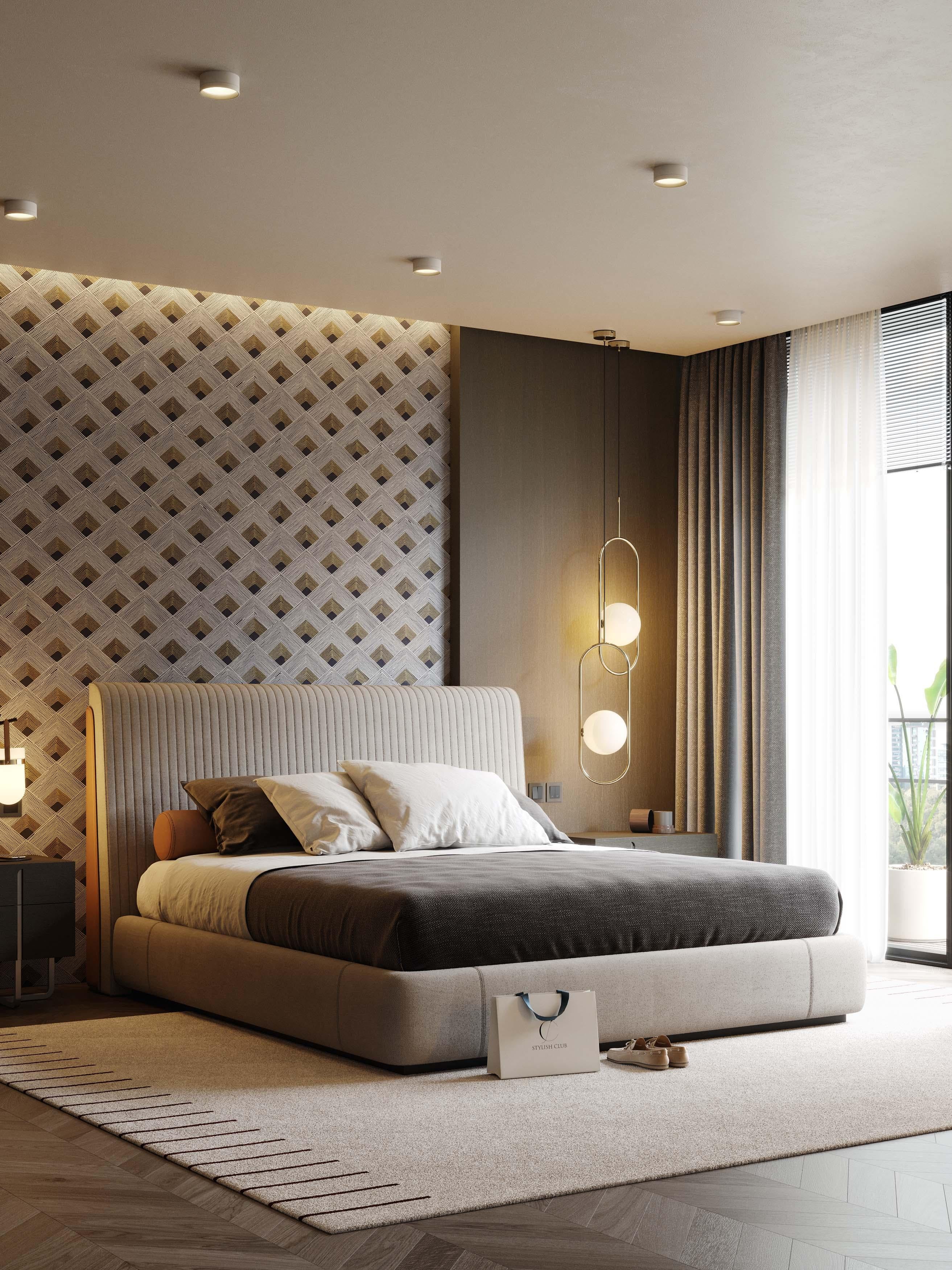 Sein Bett in Königsgröße aus Leder und Textilien im Art-déco-Stil im Angebot 1