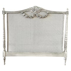 Queen Size Painted French Country Style Cane Headboard with Roses Swag Carvings