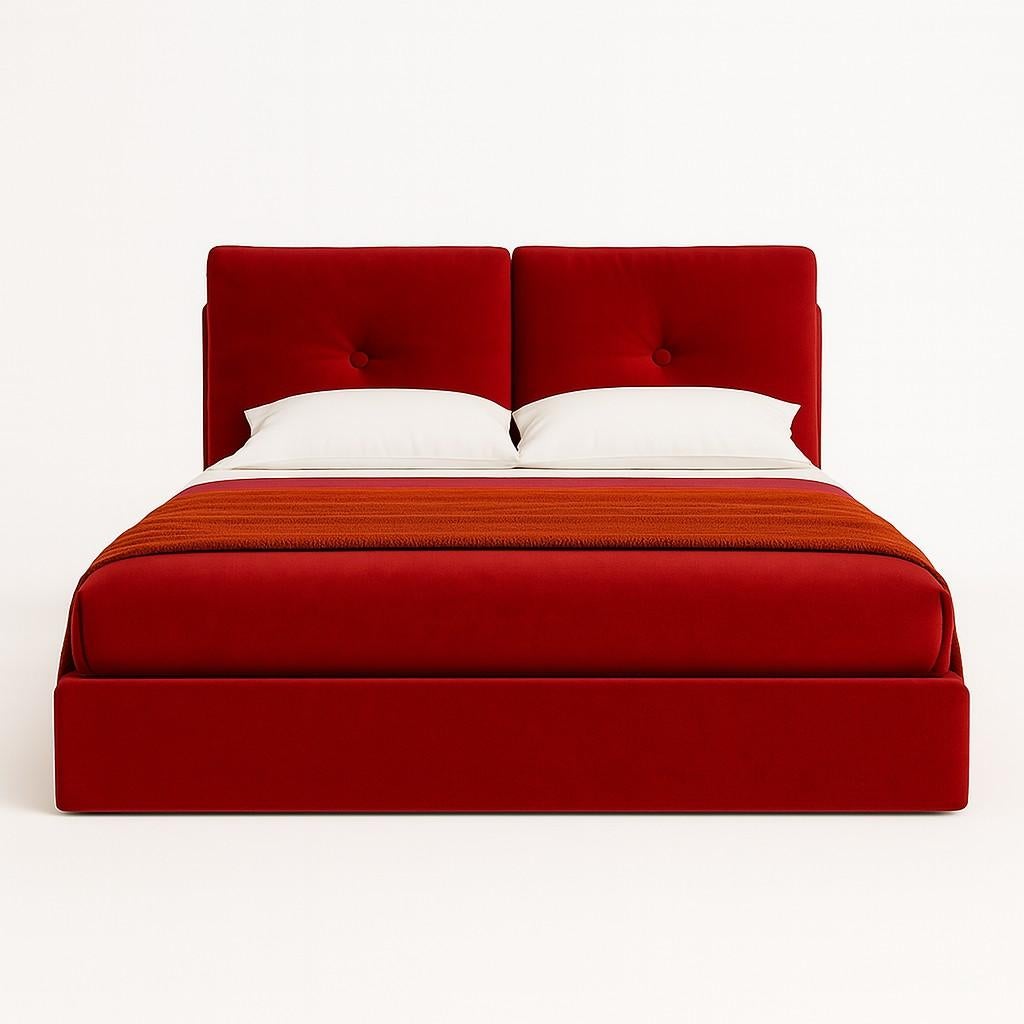 Tissu Lit à plateforme Queen Size avec tête de lit à deux panneaux en velours en vente