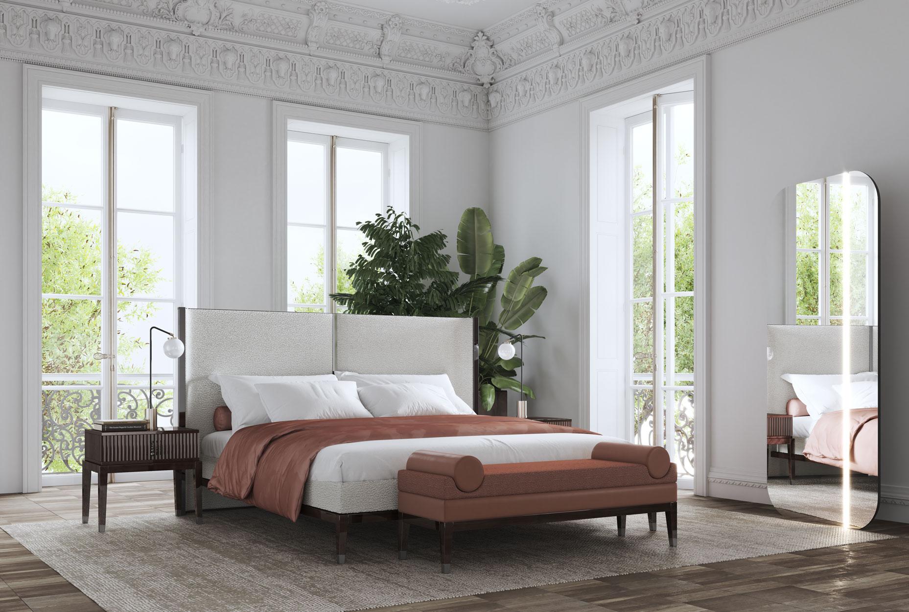 Queen Size Thyia 125 XL Italienisch gebogene Bett in Elfenbein Bouclé-Stoff & Holzrahmen (Sonstiges) im Angebot
