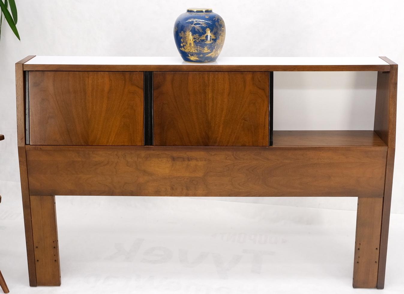 Mid-Century Modern Queen Size Walnut Headboard Bed w/ Sliding Doors Compartment