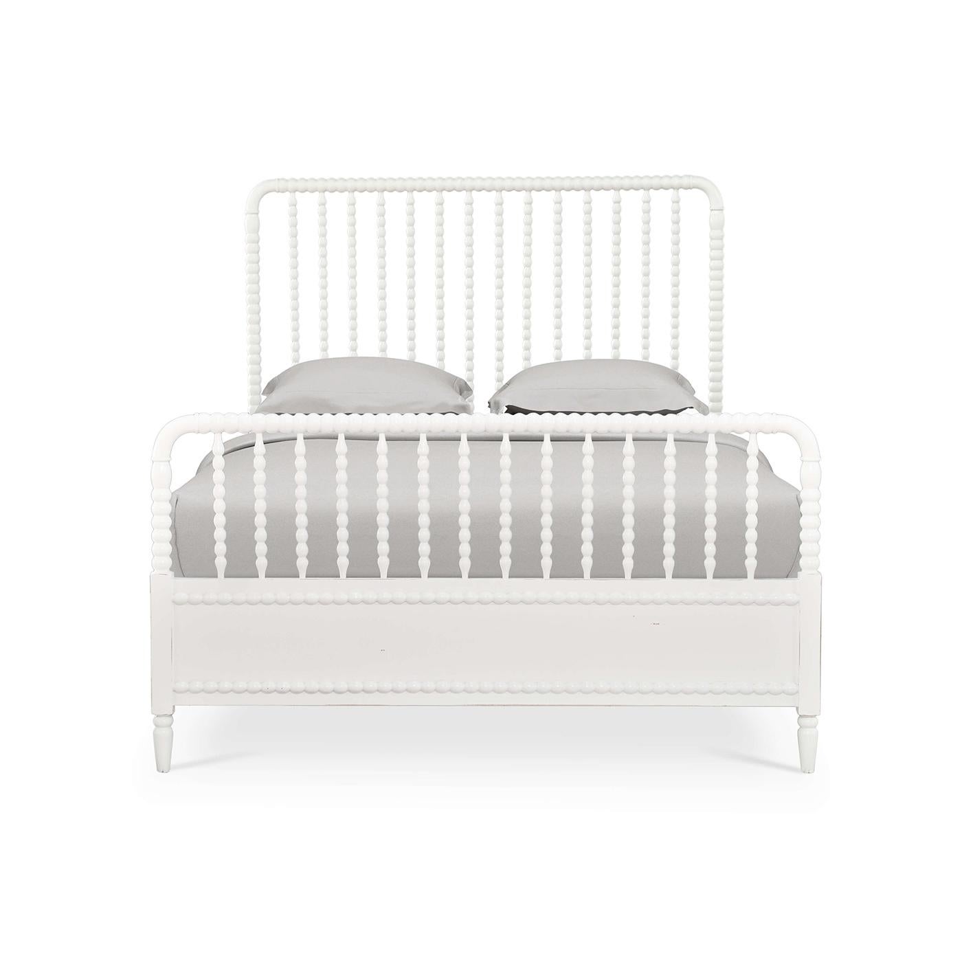 Constructed with mahogany and in a lightly distressed Architectural white finish. This beautifully crafted bedframe combines classic design elements with sturdy construction, creating a timeless centerpiece for your bedroom.

Features intricately