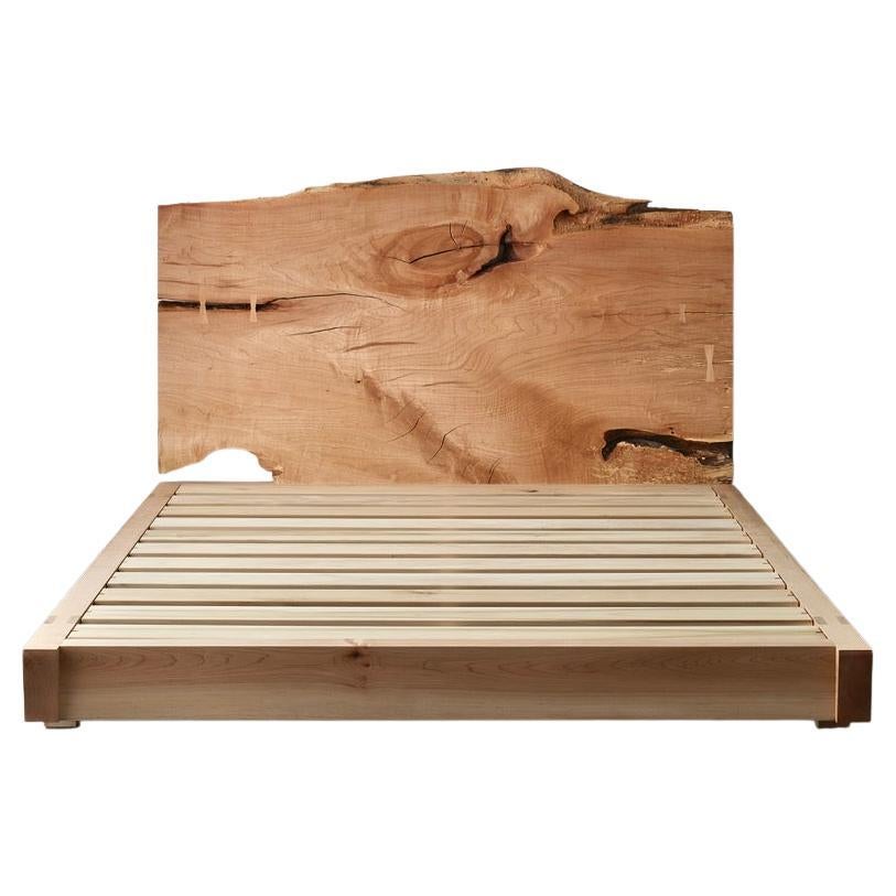 Queen Sized Platform Maple Perri Bed with Live-Edge Slab Headboard