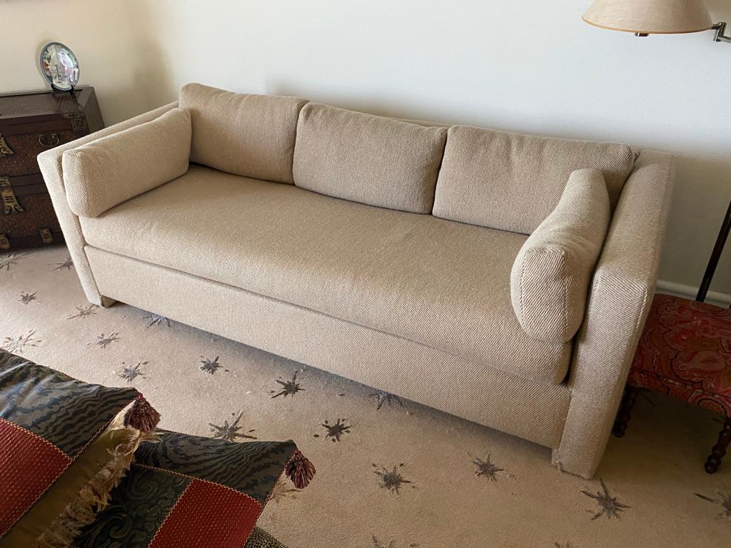 This Avery Broadman Sleep Sofa is well made 3 cushion back and seat with 2 side pillows. made of wool fabric From a Park Avenue Estae.
