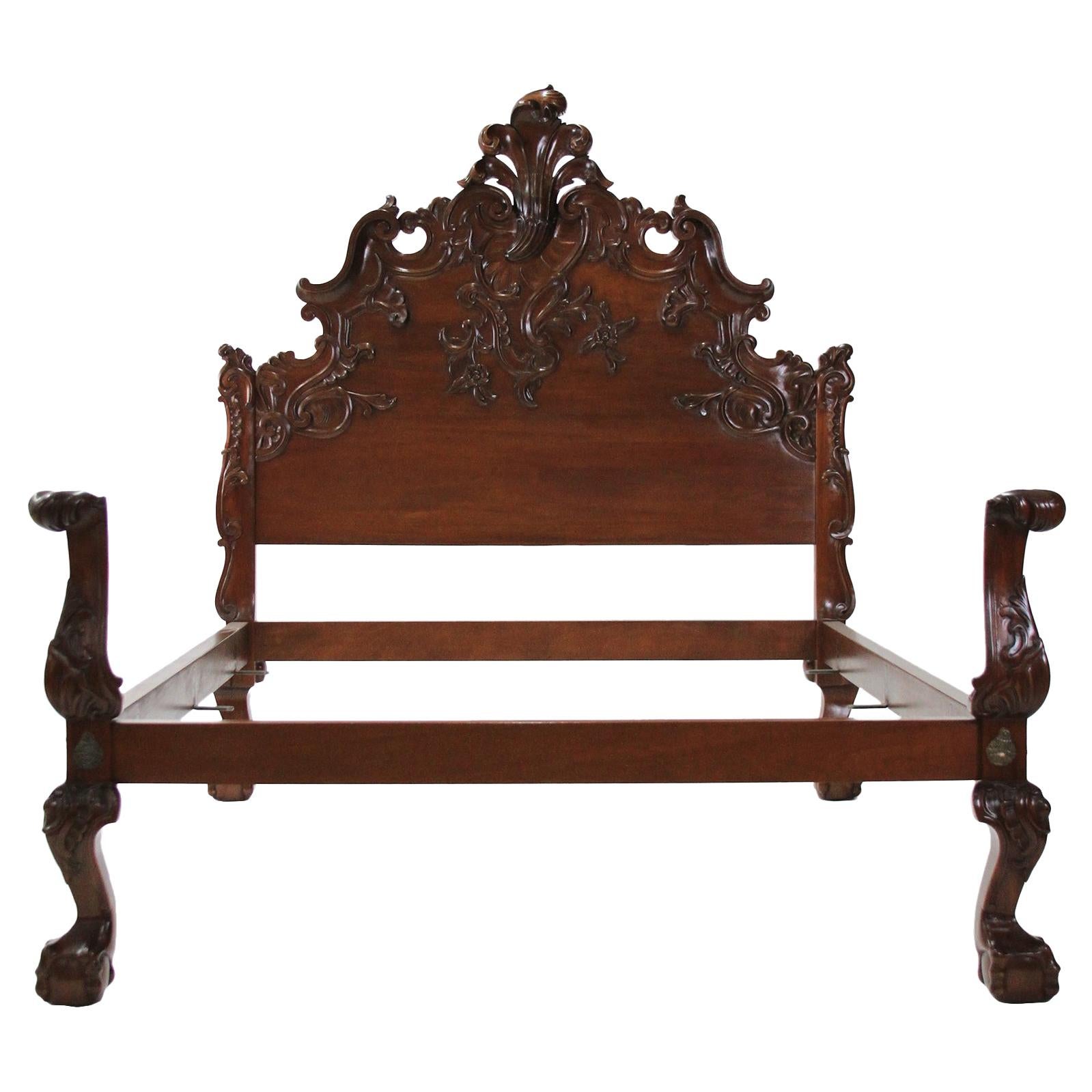 Queen Solid Mahogany Hand Carved Spanish Rococo Style Bed with Ball & Claw Foot For Sale