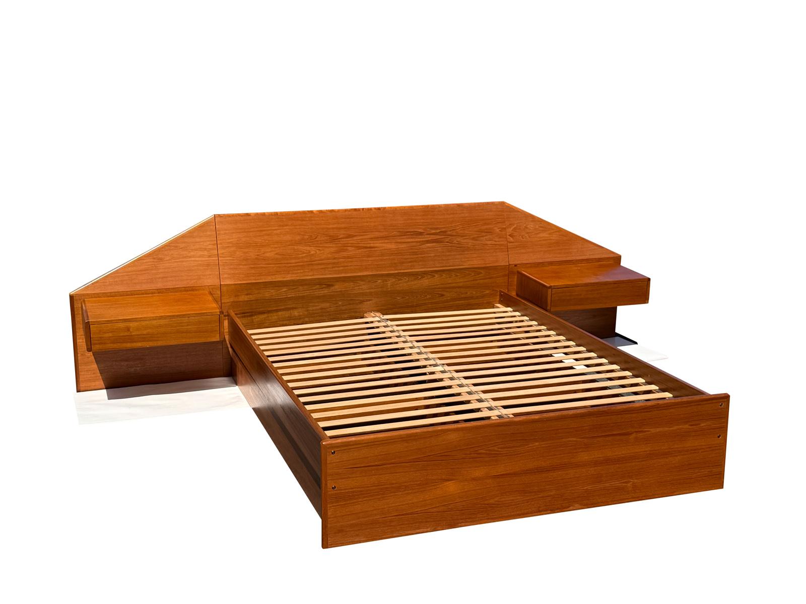 Handsome queen teak bed with floating nightstands and extra underside storage by Laurits & Larsens Mobelfabrik A/S made in Denmark feel free to reach out for any additional pictures or have any questions 