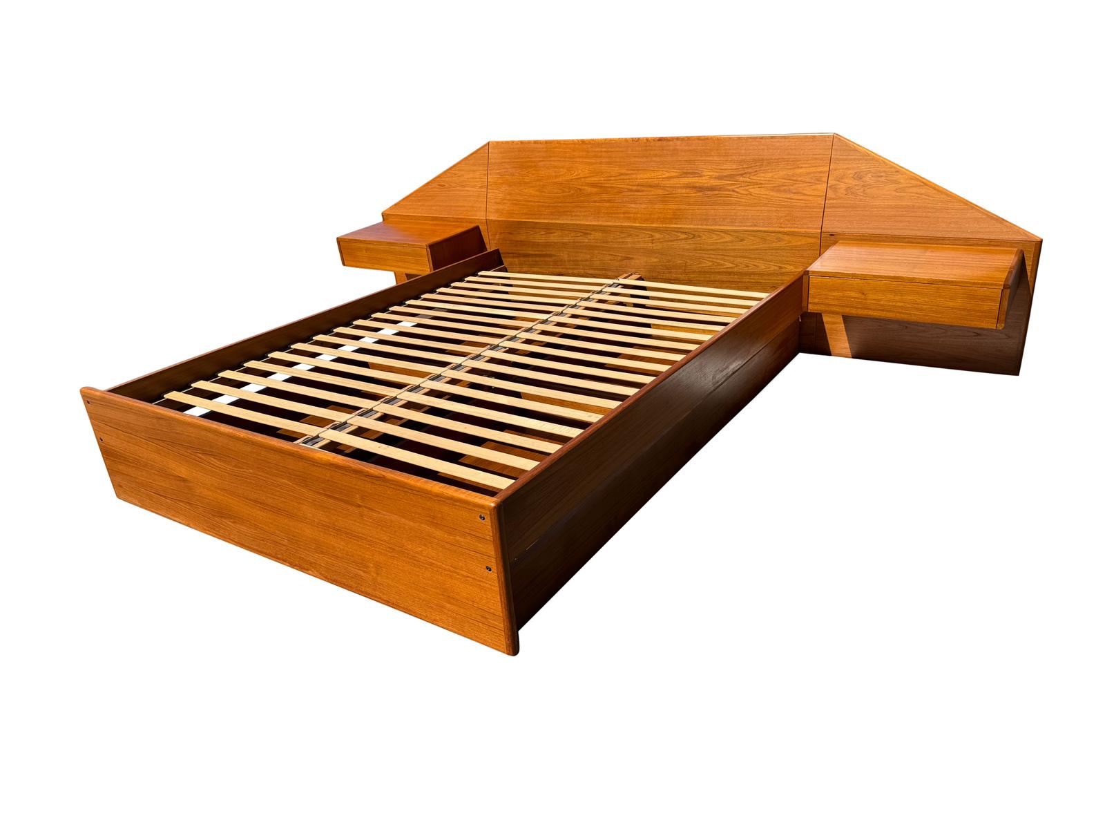 Mid-Century Modern Queen Teak Bed With Floating Nightstands Made in Denmark