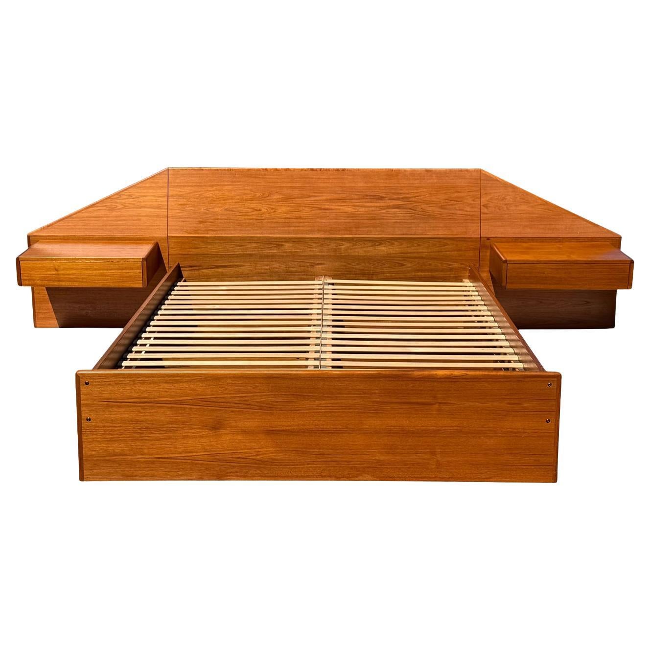 Queen Teak Bed With Floating Nightstands Made in Denmark