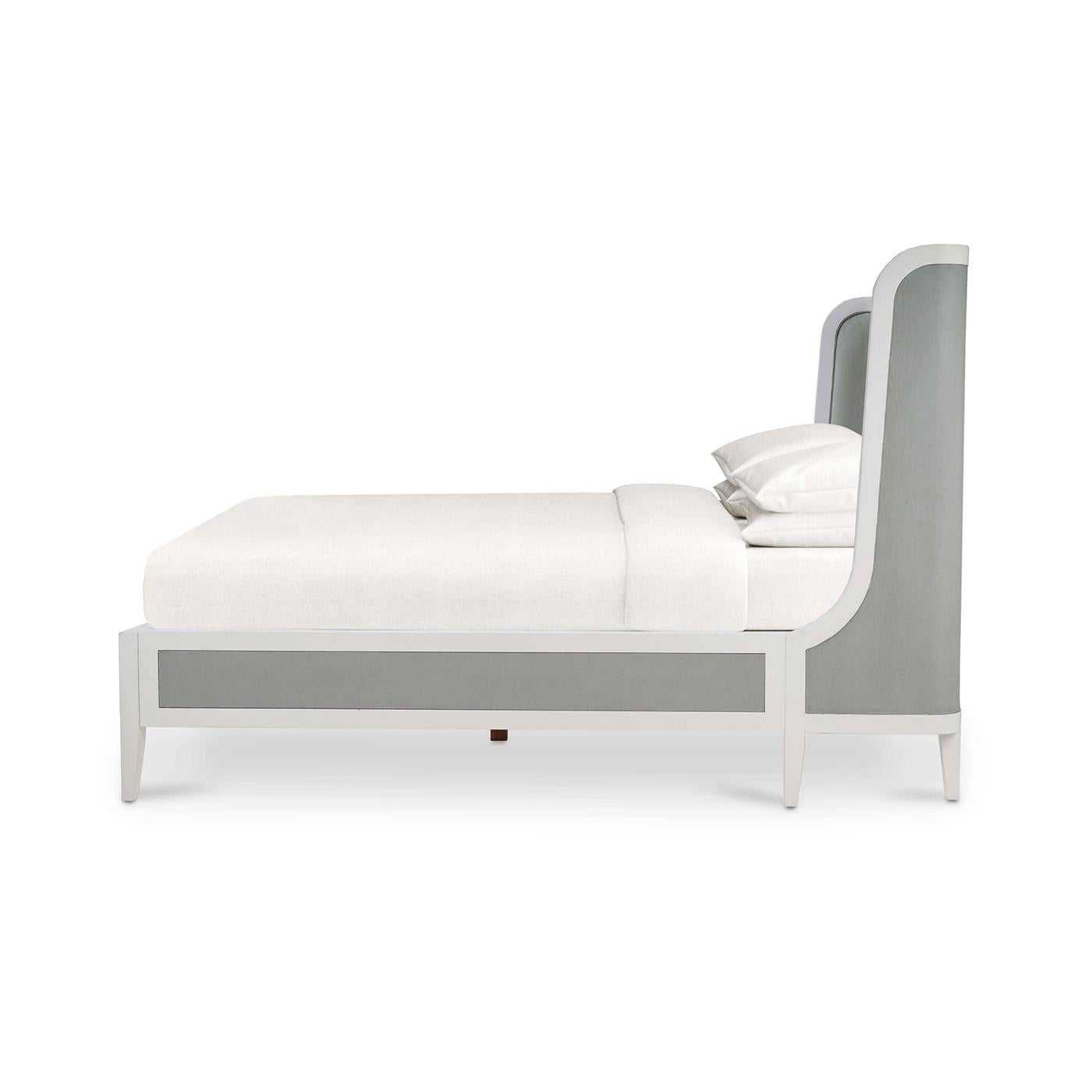 Mid-Century Modern Queen Upholstered and Linen Wrapped Bed For Sale
