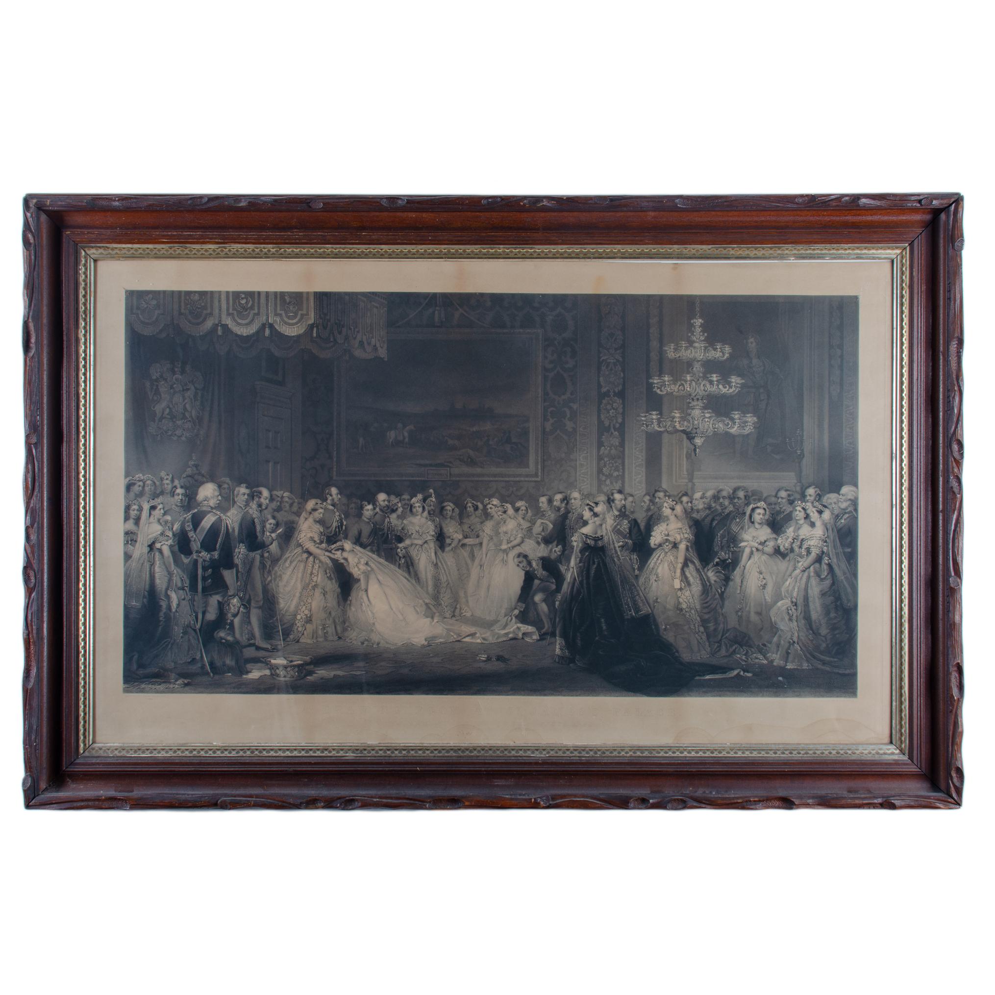A Drawing Room at St. James Palace in the Reign of Queen Victoria after Jeremiah Barrett (1814-1906).

Large piece.
Sight: 45 ½ by 27 ½ inches
Frame: 53 by 35 inches

Line, stipple and mezzotint engraving. 
Published by William Lucas & Co., London,