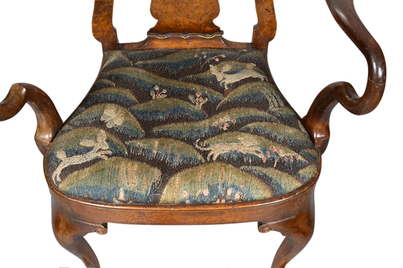 Queen Anne Burl Walnut Armchair 6