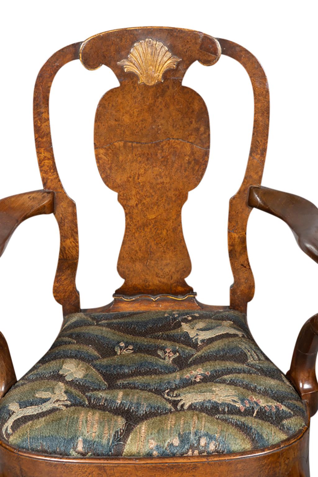 English Queen Anne Burl Walnut Armchair
