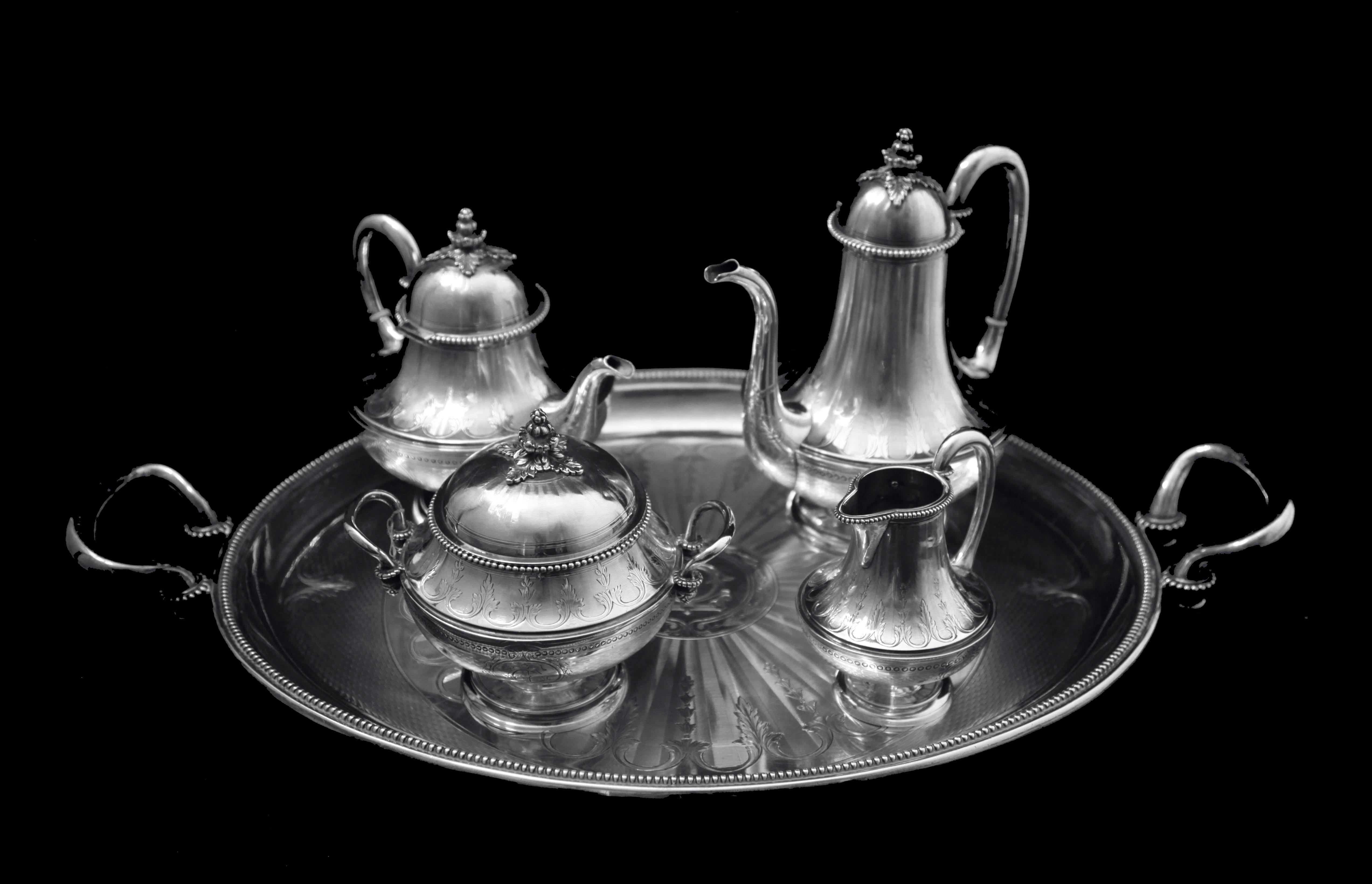Louis XV Queille - Magnificent 5pc. Antique French 950 Sterling Silver Tea Set + Wraps ! For Sale