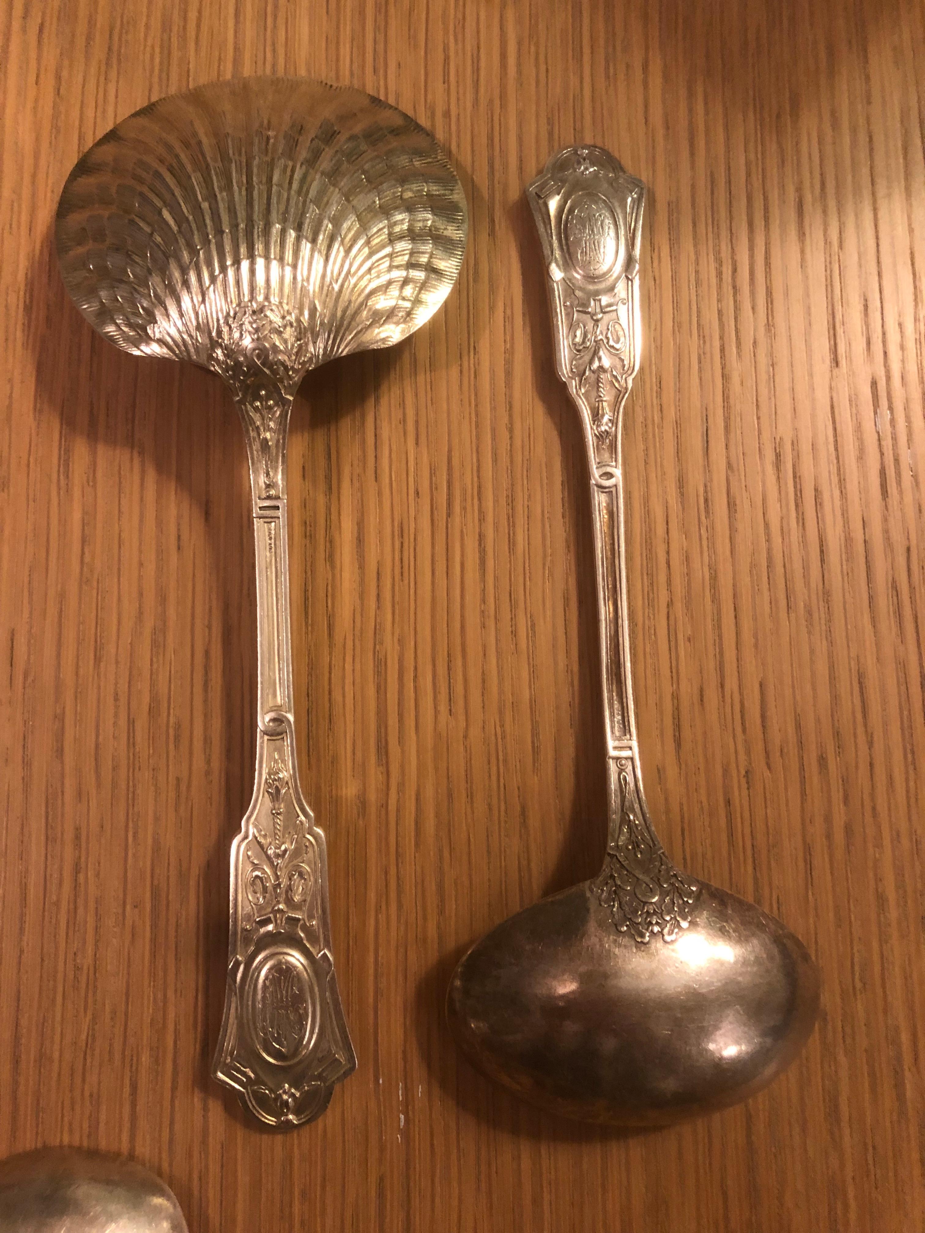 Louis XVI Queille & Touron French Sterling Gold circa 1860, Dinner Flatware 108 Pieces For Sale