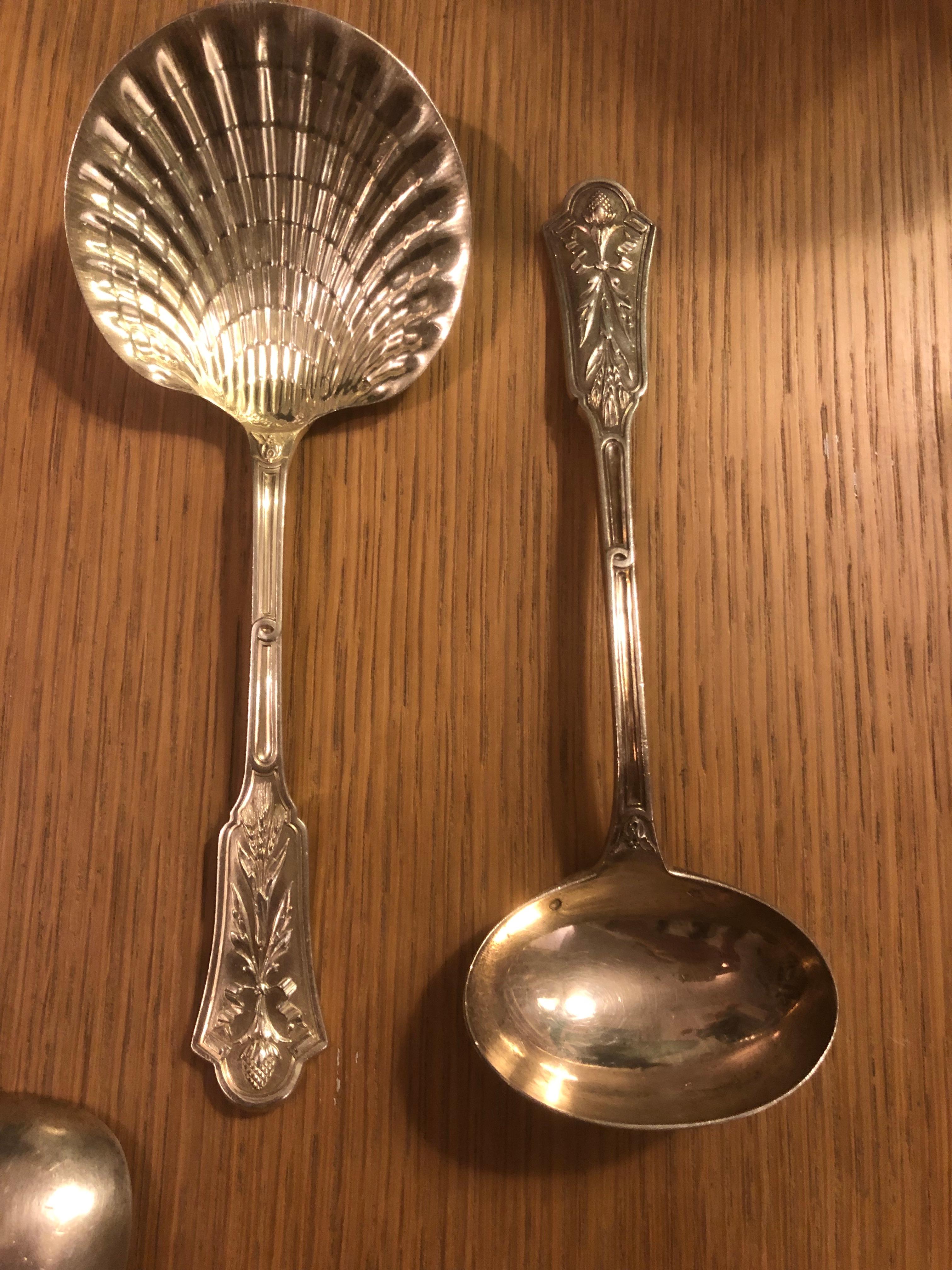 Sterling Silver Queille & Touron French Sterling Gold circa 1860, Dinner Flatware 108 Pieces For Sale