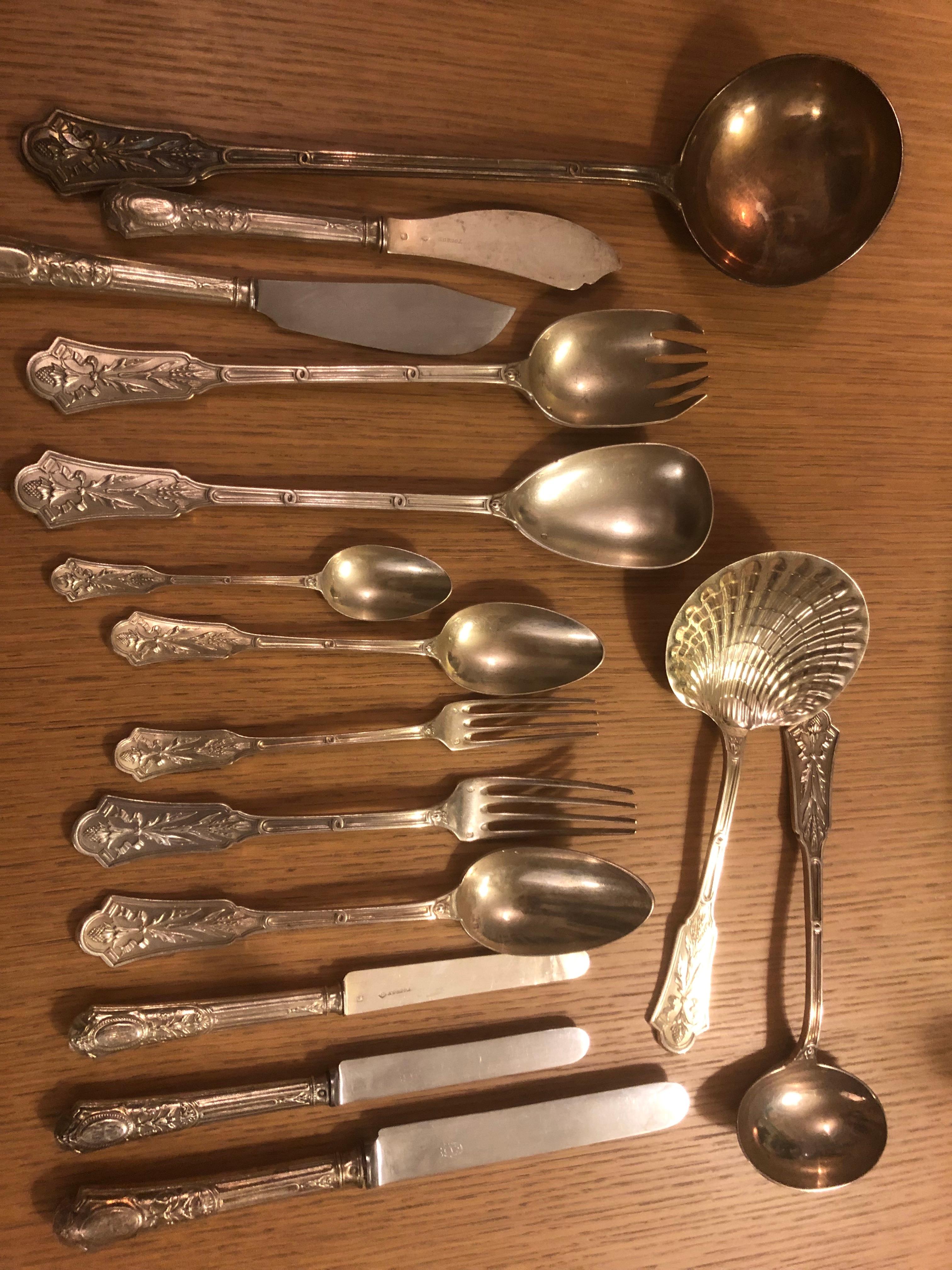 Queille & Touron French Sterling Gold circa 1860, Dinner Flatware 108 Pieces For Sale 2