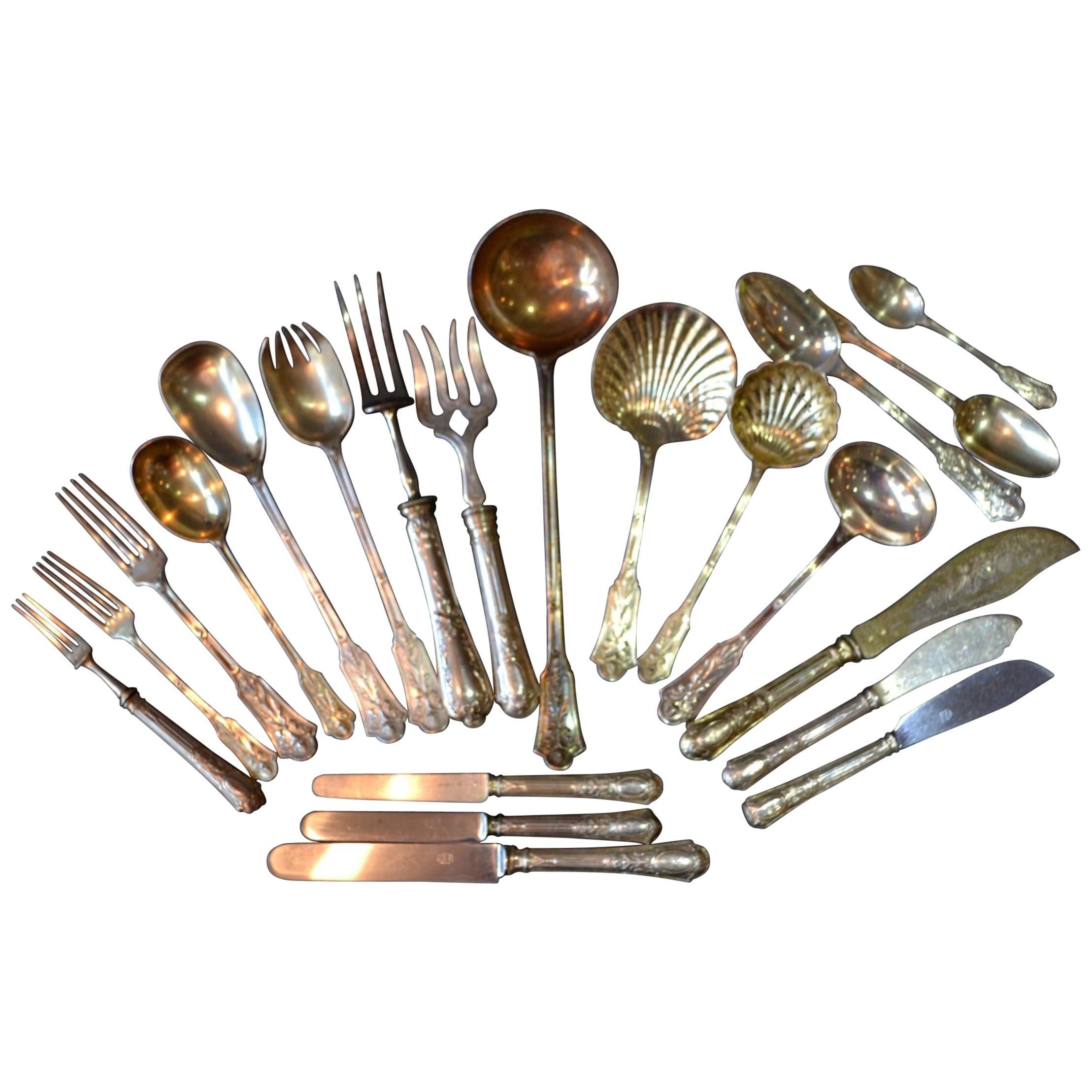 Queille & Touron French Sterling Gold circa 1860, Dinner Flatware 108 Pieces For Sale