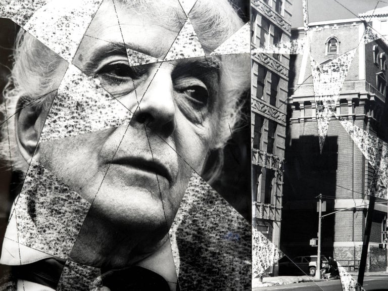 Rare Black and White Photograph Collages of Quentin Crisp the actor and film director Ken Russell in a graphic urban setting.  These are actually large silver gelatin photographs cut up and placed in a geometric pattern creating dramatic pieces of